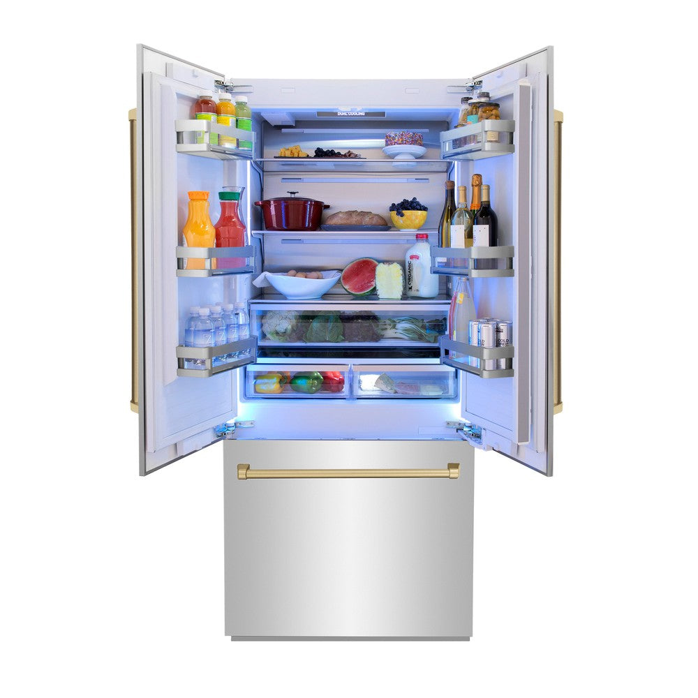 ZLINE Autograph Edition 36 Inch French Door Built-In Refrigerator with Bottom Freezer - 19.6 cu.ft Capacity, Stainless Steel with Champagne Bronze Accents, Water Dispenser & Ice Maker - Perfect for Modern Kitchens & Open-Concept Homes (Model RBIVZ 304 36 CB)