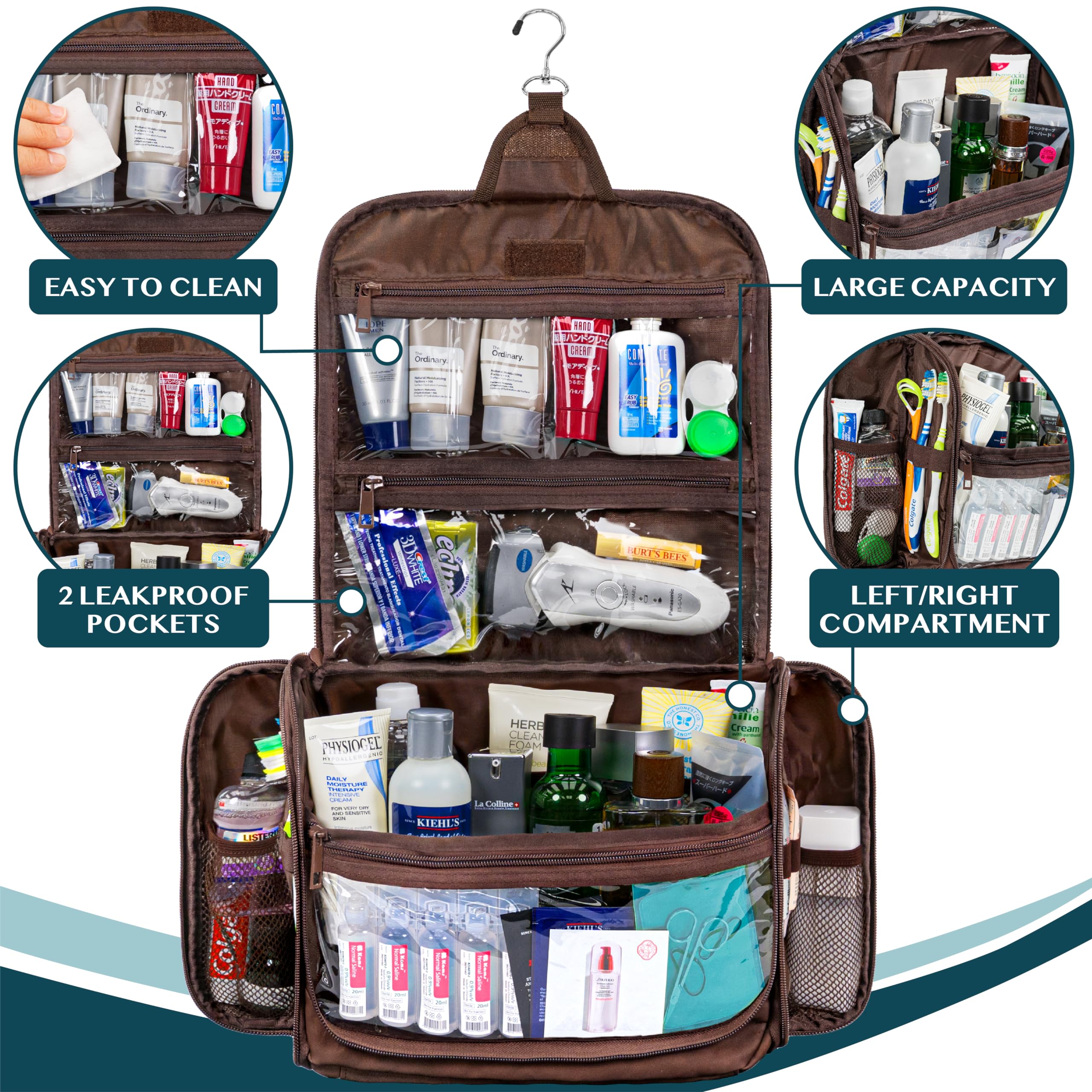 PAVILIA Large Hanging Toiletry Bag for Women & Men - PU Leather Water Resistant Cosmetic Organizer | Makeup Bag & Travel Essentials Kit (Brown) - Perfect for Vacation, Business Trips & Gym