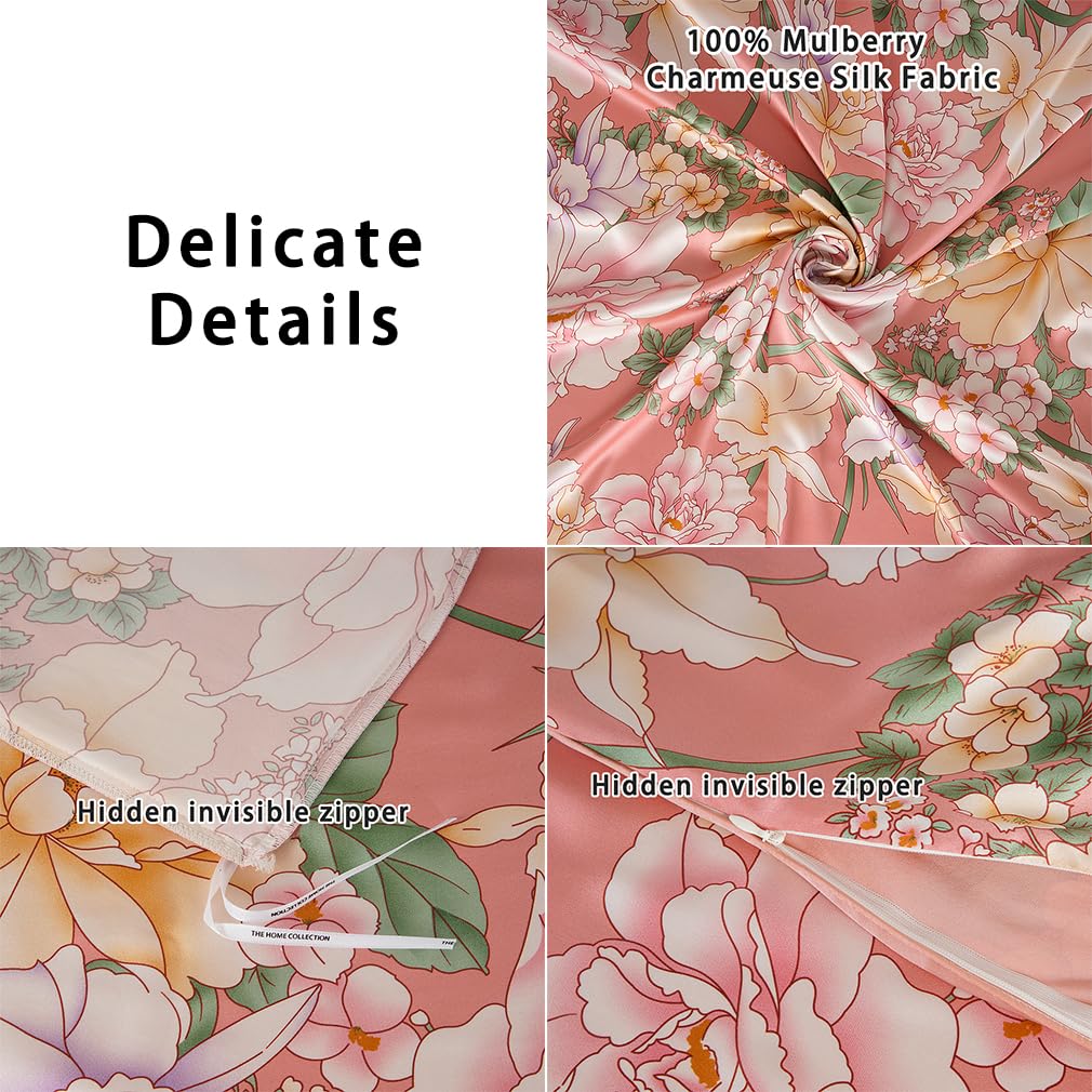 Maxfeel 100% Mulberry Silk Duvet Cover Set - Queen/King Size Floral Print Charmuse Silk Bedding | Luxury Soft Comforter Cover for Master Bedroom & Guest Room Decor