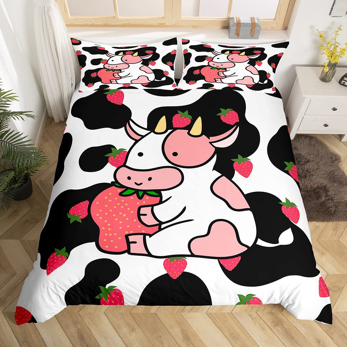 Milkshakes Cow Duvet Cover Set Twin Size - Pink Cute Cattle & Strawberry Fruit Print Comforter Cover | Kawaii Girly Style for Kids Girls Bedroom | Milk Cow Skin Fur Pattern Quilt Cover with 1 Pillowcase | Perfect for Nursery, Teen Room & Sleepovers