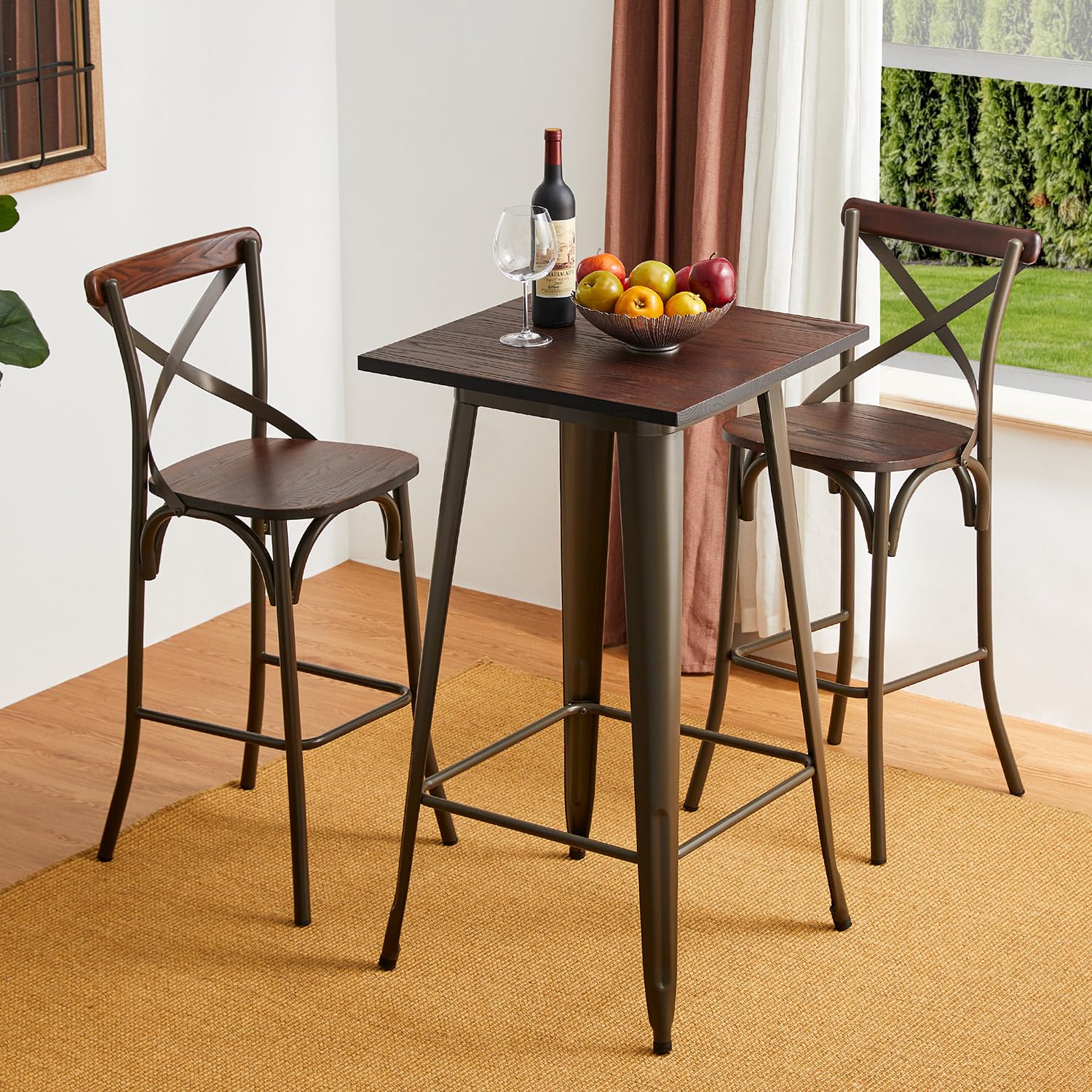 Glitzhome 3-Piece Rustic Steel Square Bar Table and High Back Bar Stools Set - Industrial Style Dining Table and Chairs for Kitchen, Pub, and Restaurant Use