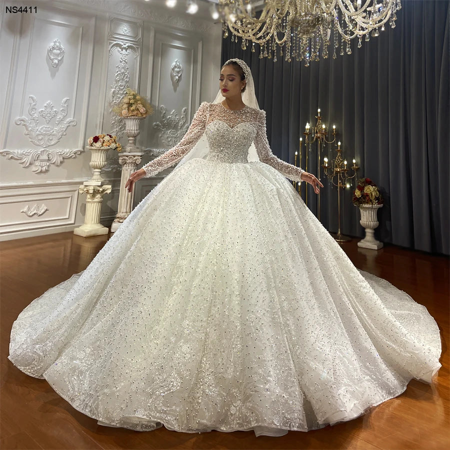 Elegant Long Sleeve Pearl Embellished Ball Gown Wedding Dress for Bridesmaids & Formal Events - Perfect for Church Weddings, Prom & Evening Galas