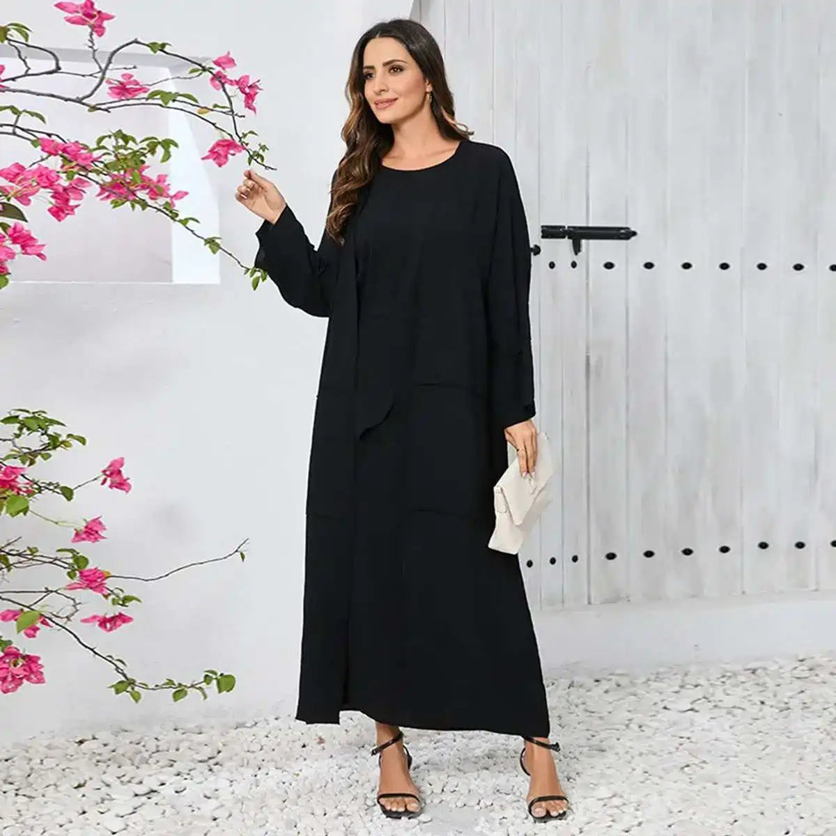 10 Color Options 3-Piece Wrinkled Abaya Dress Set - Outer Abaya, Mid Wrap & Sleeveless Inner Dress | Modest Islamic Fashion for Prayer, Eid & Special Occasions