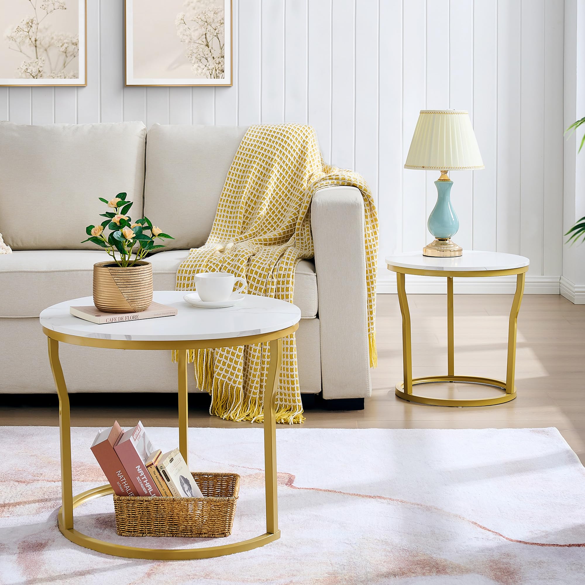 Hoctieon Round Nesting Coffee Tables Set of 2 - Wooden Table Top with Gold & White Finish - Modern Stacking End Tables for Living Room, Bedroom or Office - Perfect for Small Spaces and Stylish Home Decor