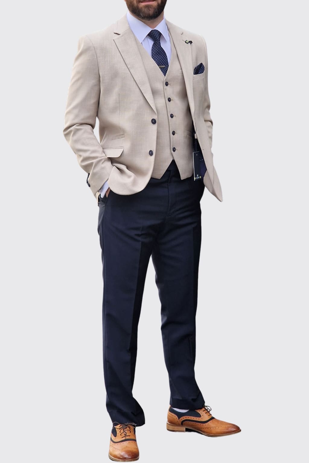Cavani Miami Beige 3-Piece Suit with Navy Trousers for Men | Formal Business Attire | Perfect for Weddings, Office Meetings & Special Events
