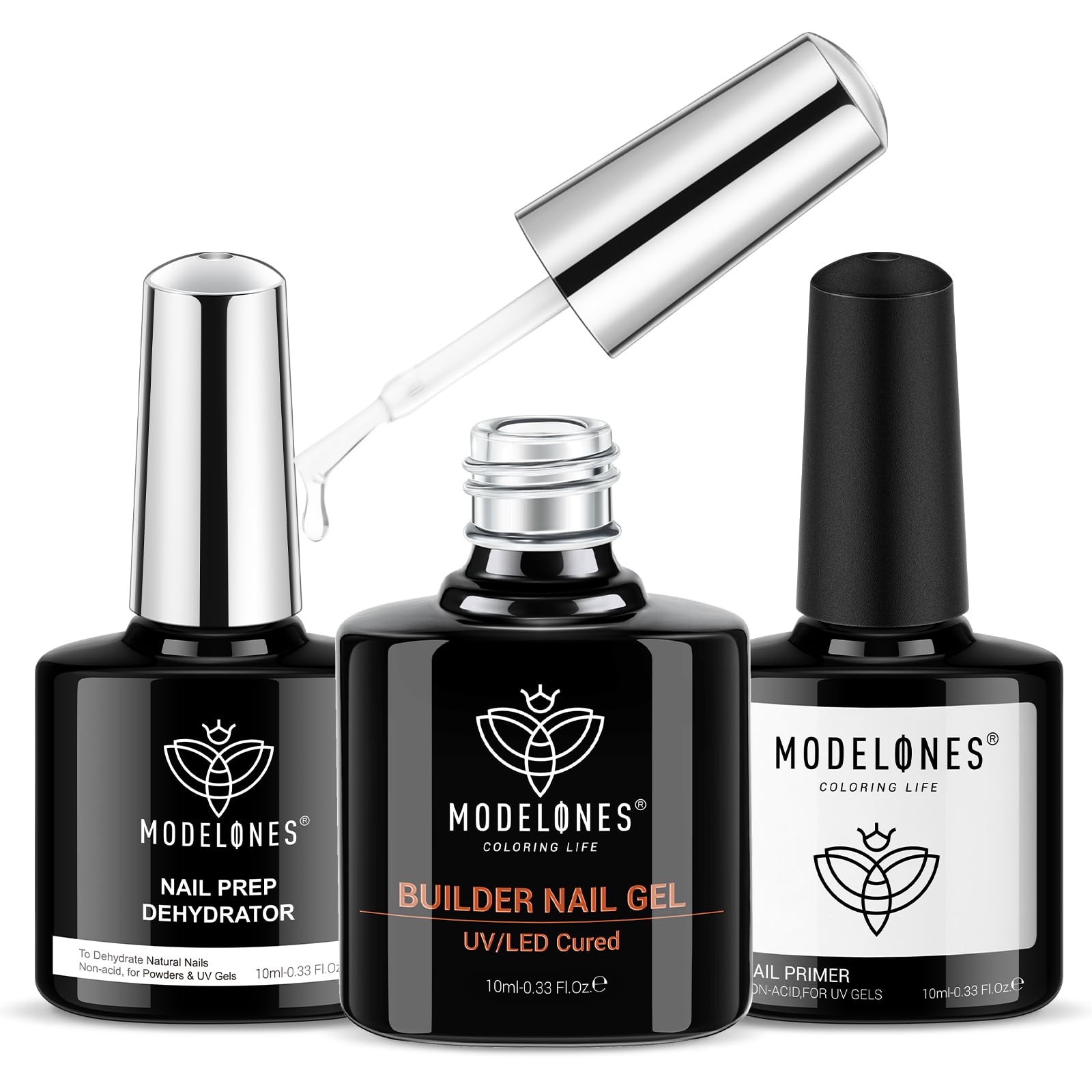 Modelones Clear Builder Gel with Nail Primer & Dehydrator Set - Professional Nail Strengthening Hard Gel for Extensions - Long-Lasting Bottled Gel Polish for Salon & DIY Manicures at Home
