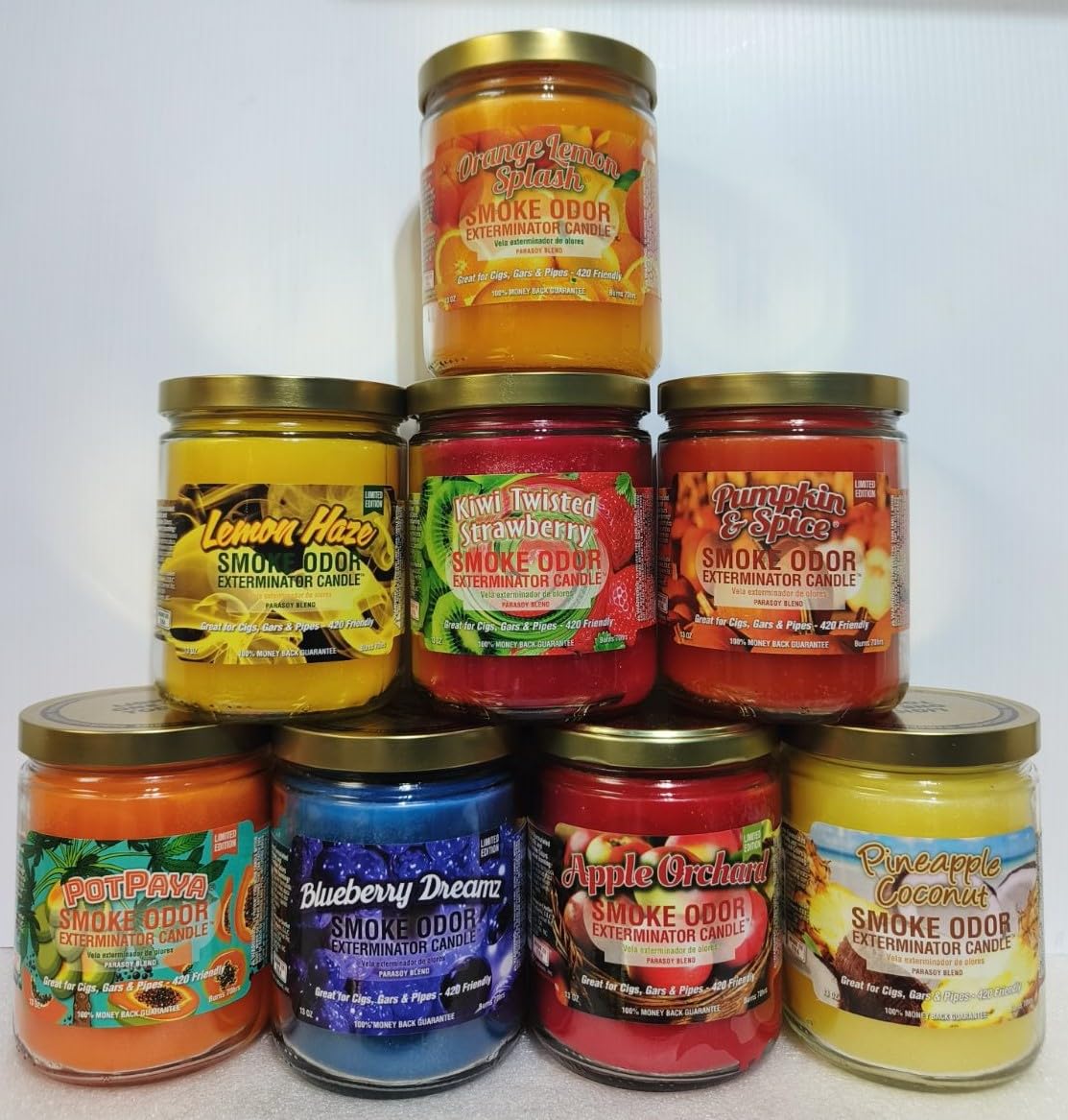 Smoke Odor Eliminator Candles - 13oz Jar Set of 8 Assorted Scents (Orange Lemon, Kiwi Strawberry, Potpaya, Lemon Haze, Apple Orchard, Blueberry Dream, Pineapple Coconut, Pumpkin Spice) - Perfect for Home, Office & Car Air Freshening