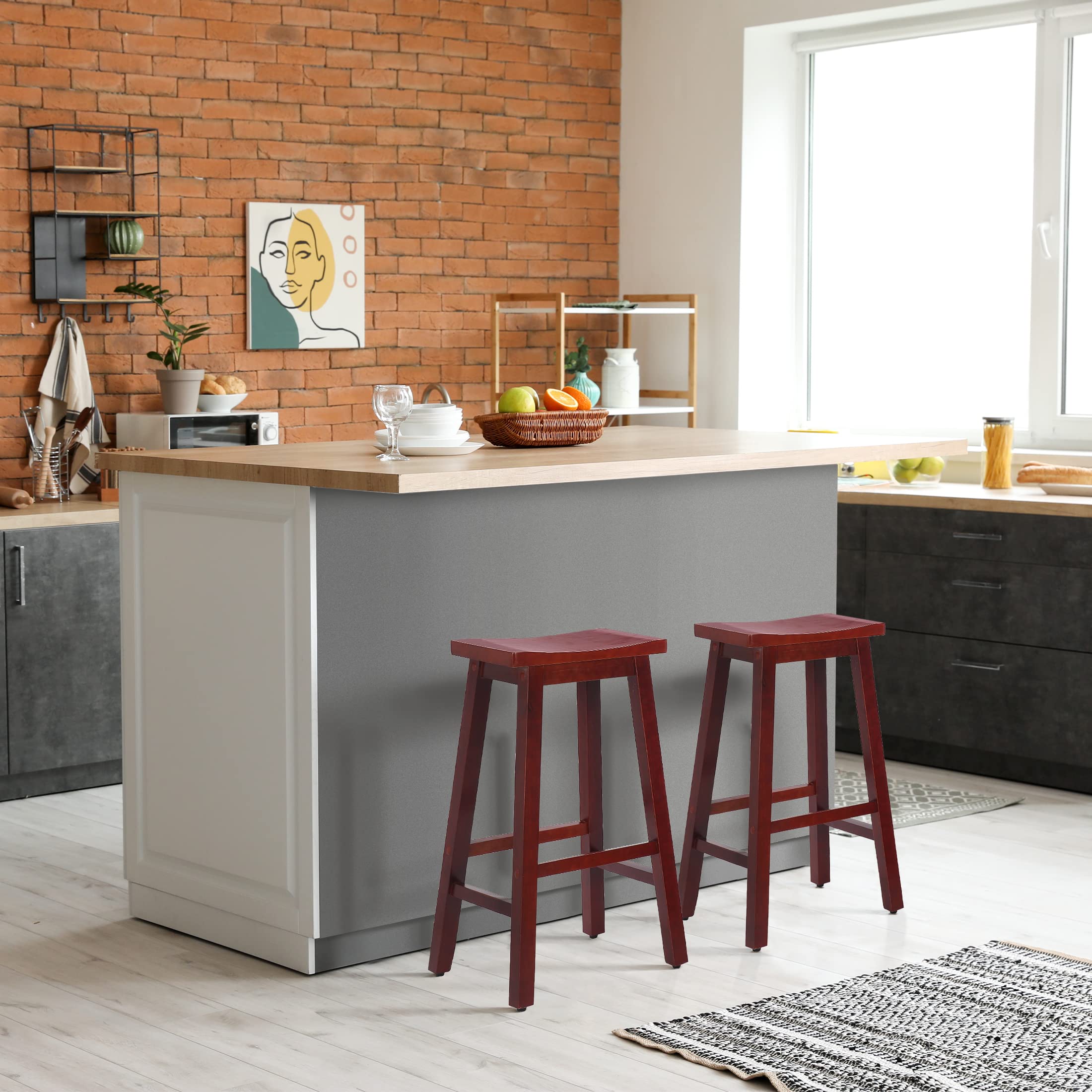 WestinTrends Reed 29 Inch Saddle Bar Stools Set of 2 - Solid Wood Kitchen Counter Height Stools in Cherry Finish - Perfect for Breakfast Bars, Kitchen Islands & Home Decor
