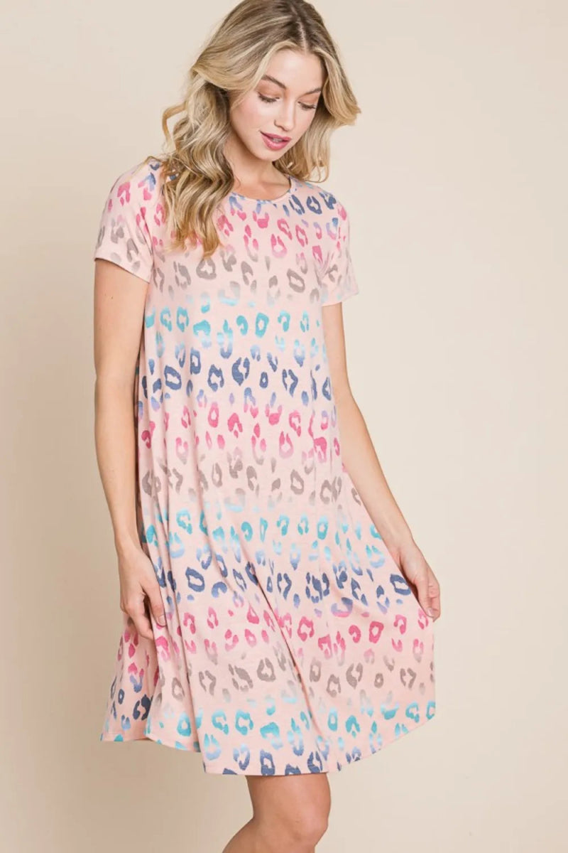 BOMBOM Women's Leopard Print Round Neck Short Sleeve Summer Dress - Perfect for Beach Vacation, Party & Casual Wear