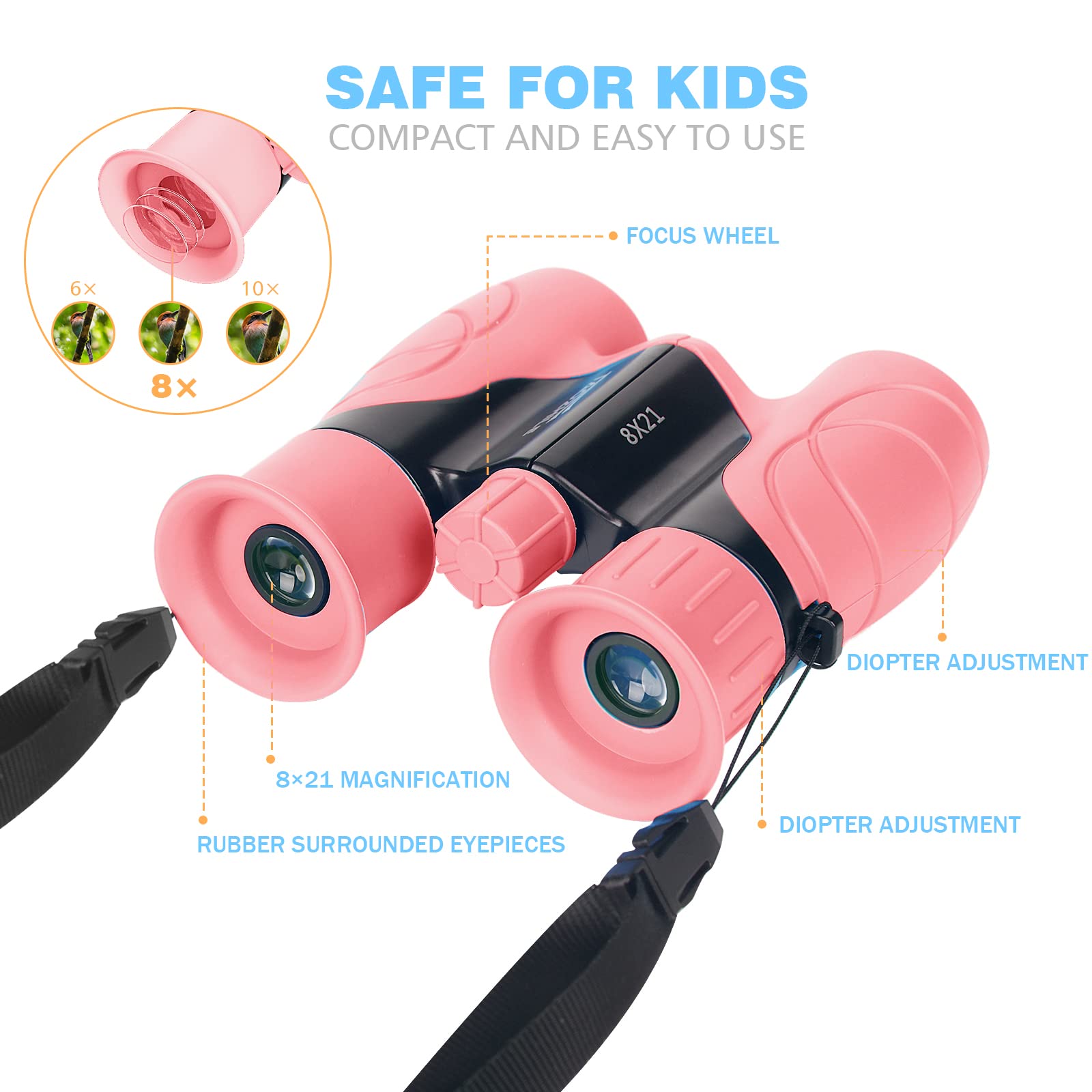 High-Resolution 8x21 Kids Binoculars - Shockproof Compact Binoculars for Children with Neck Strap | Perfect for Bird Watching, Hiking, Camping, Travel, Learning & Outdoor Adventures | Ideal Telescope Toys for Boys & Girls Ages 3-12 (Pink)