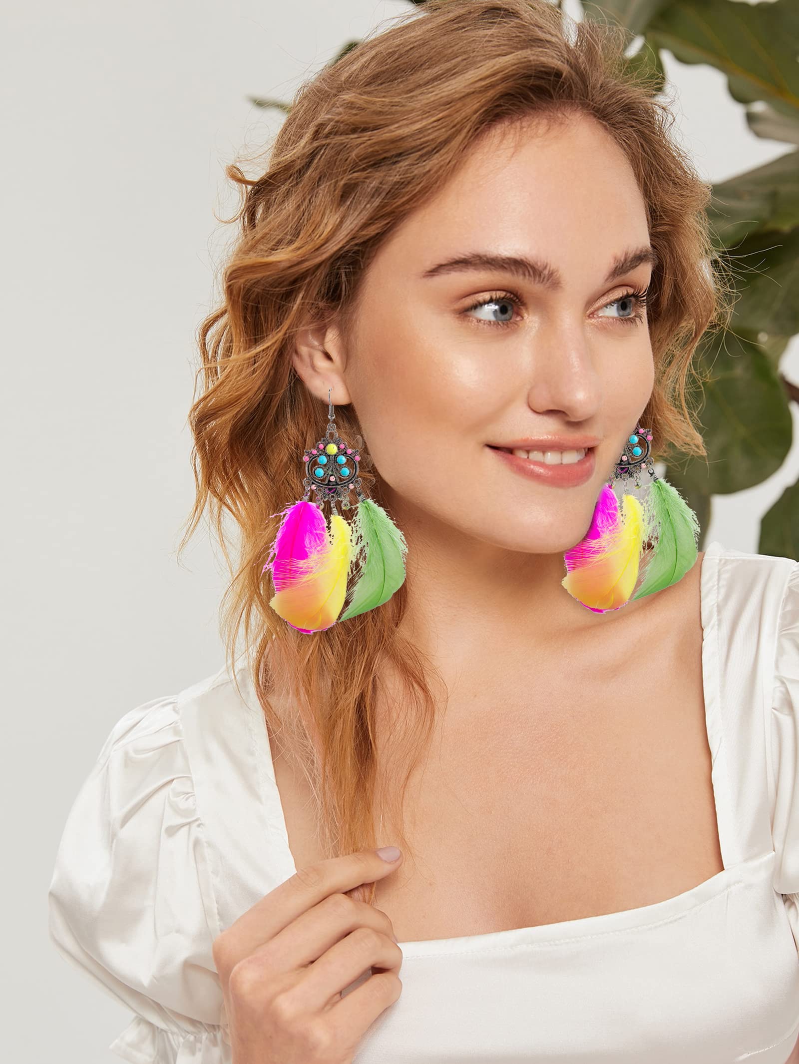 Handmade Mardi Gras Feather Dangle Earrings for Women - Natural Feather Carnival Jewelry & Holiday Accessories | Perfect for Parties, Festivals & Costume Events