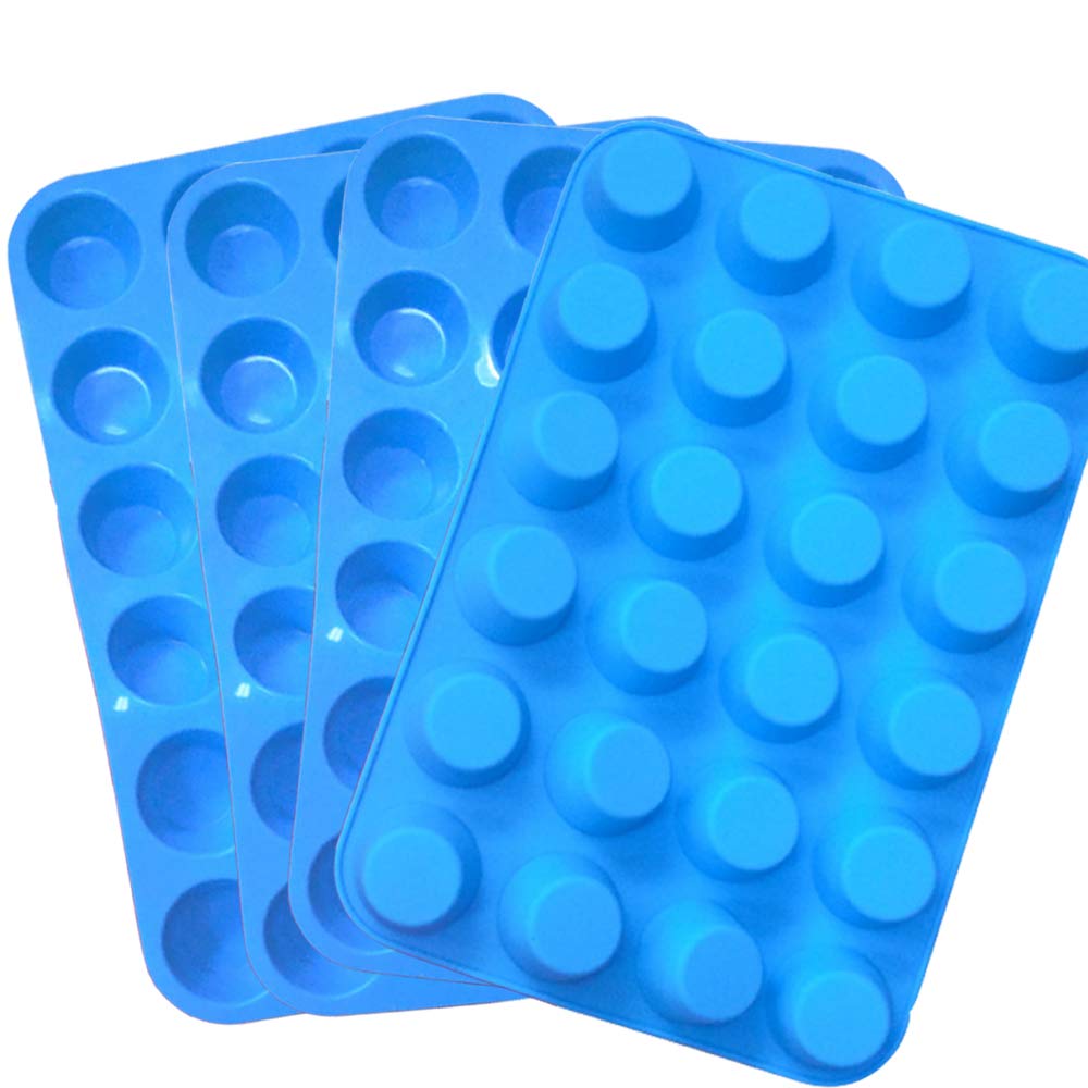 Qtopun 4-Pack Silicone Mini Muffin Pan - 24 Cups Non-Stick Baking Mold for Cupcakes, Muffins & Desserts - Perfect for Home Baking, Party Treats & Holiday Cooking (Blue)