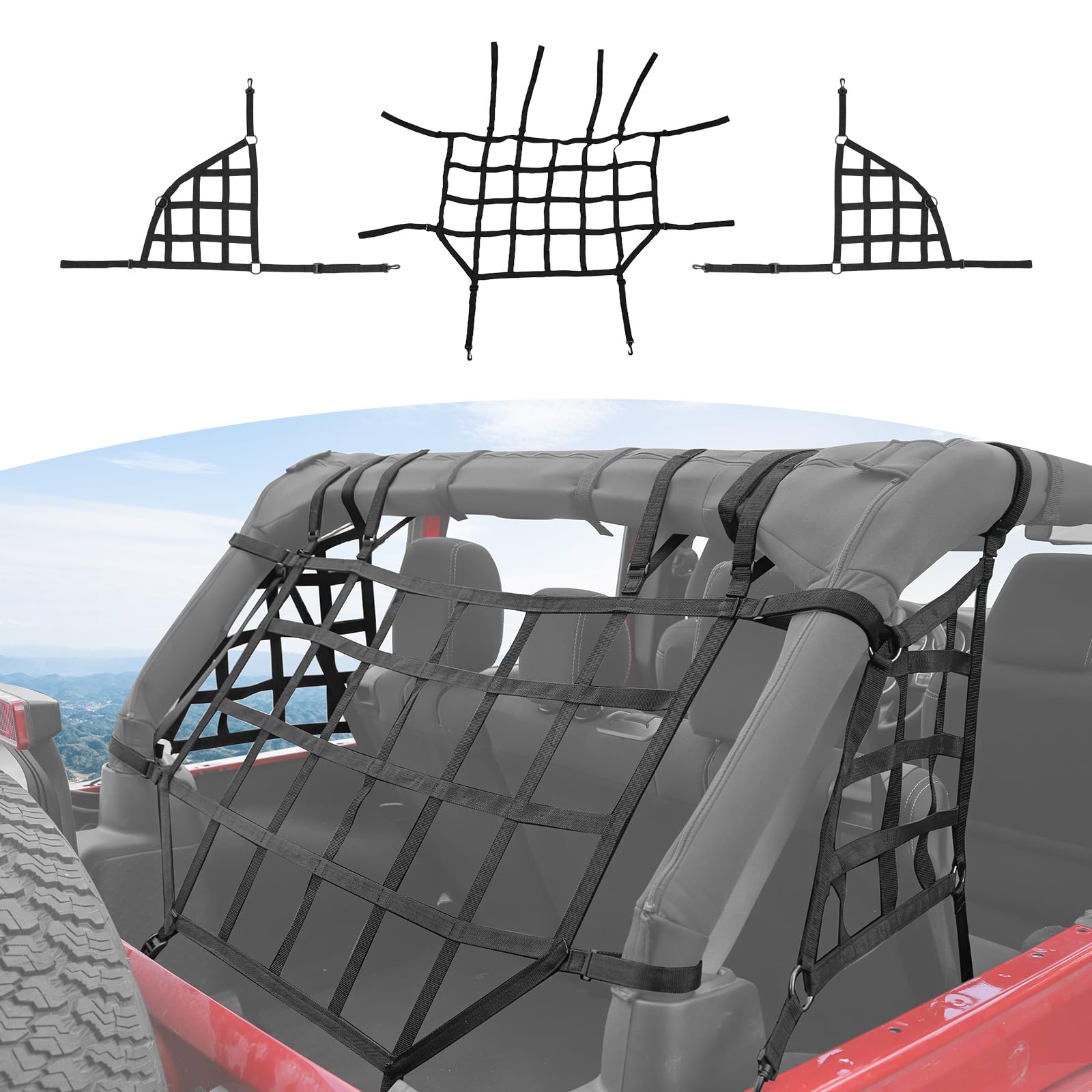 Jeep Wrangler JKU Cargo Net - Heavy Duty Black Rear Storage Restraint System for 2007-2017 4-Door Models (3-Piece Set) | Perfect for Off-Road Adventures, Camping Gear Organization & Vehicle Storage Solutions