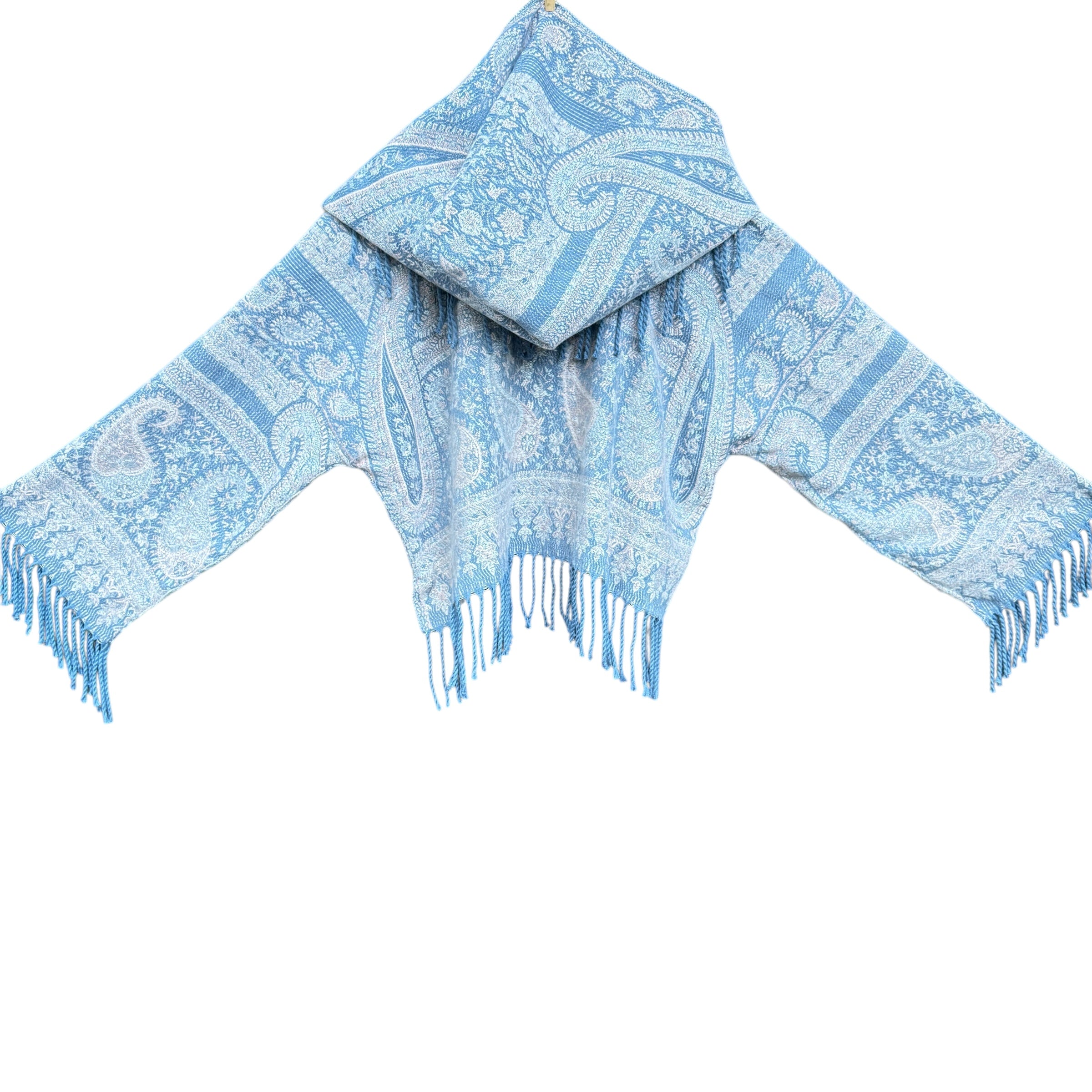 Soft Plush Pashmina Long Sleeve Crop Top - Blue Snowflake Print | Cozy Winter Fashion for Casual Outings & Holiday Parties
