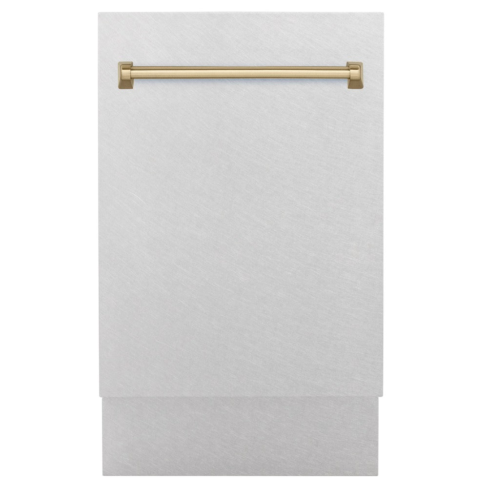 ZLINE Autograph Edition 18-inch Built-In Dishwasher with Satin Stainless Steel Panel & Champagne Bronze Handle - 51dBa Ultra Quiet - Tallac Series 3rd Rack Top Control (DWVZ SN 18 CB) - Perfect for Modern Kitchens and Open-Concept Homes