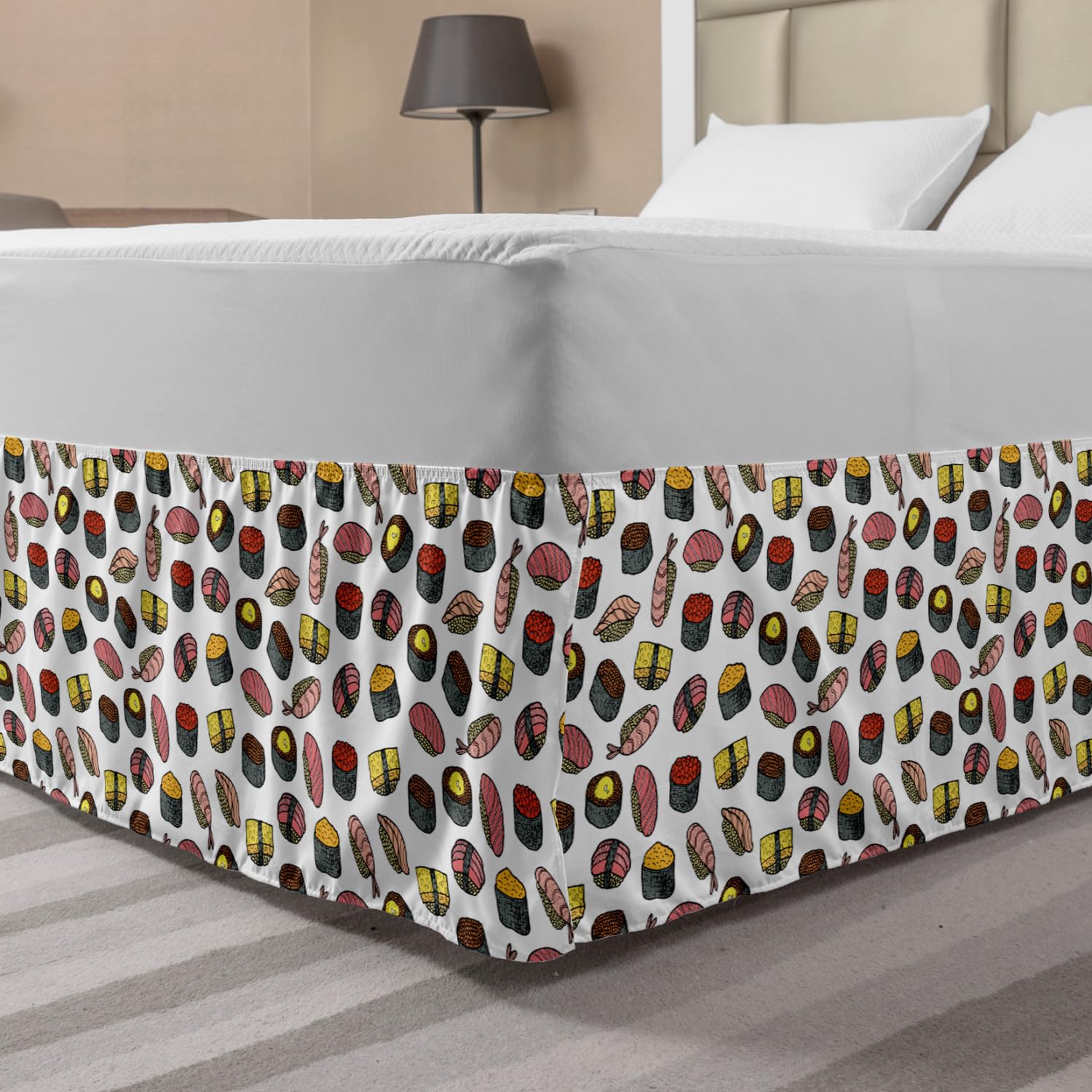 Ambesonne Sushi Print Bed Skirt - Japanese Sashimi & Rolls Culinary Design Elastic Dust Ruffle Wrap Around Bedding Decor for King Size Beds - White & Multicolor - Perfect for Asian-Themed Bedrooms & Sushi Lover's Home Decor