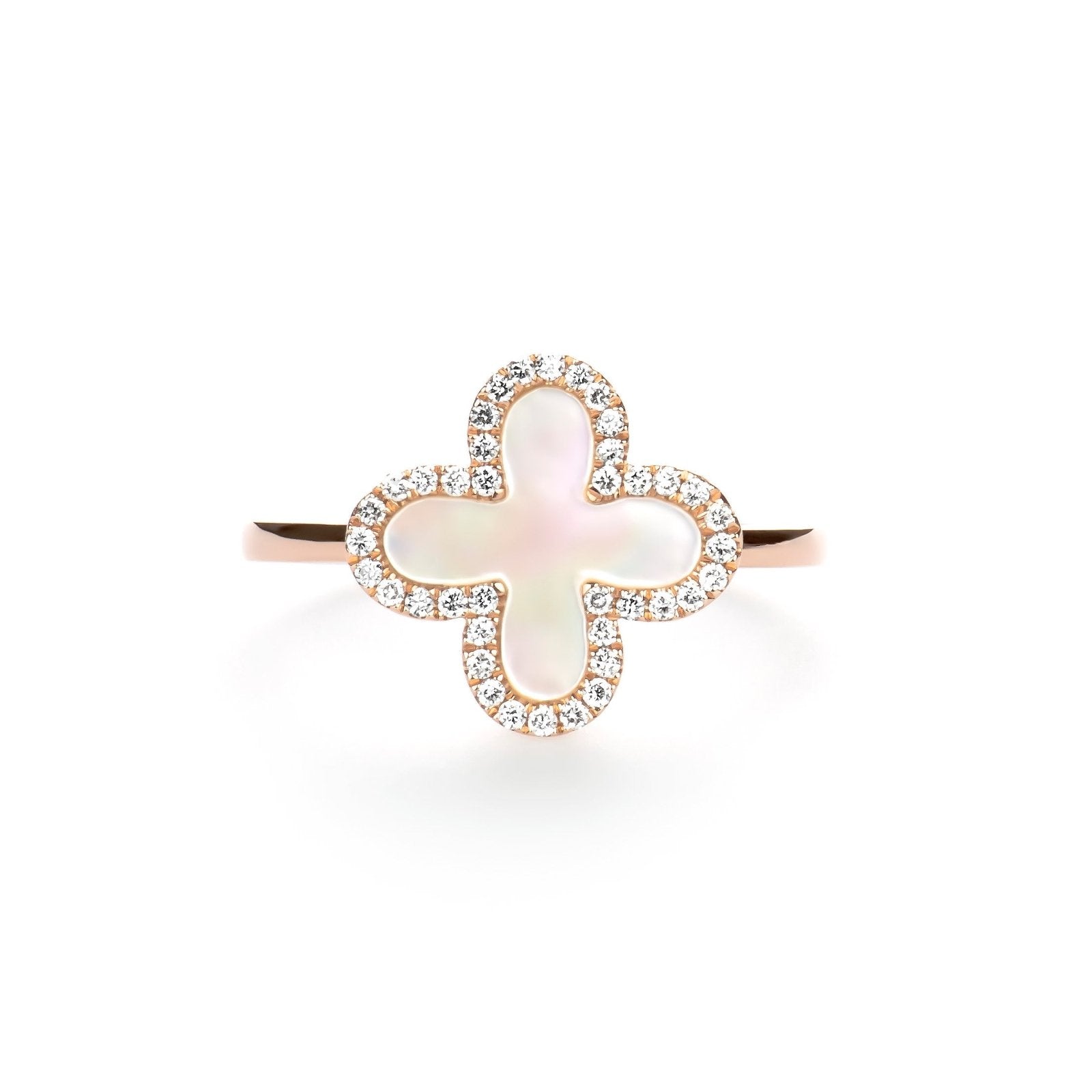 14k Rose Gold Mother of Pearl Clover Ring with Diamond Halo - Elegant Jewelry for Women, Perfect for Weddings, Anniversaries & Special Occasions