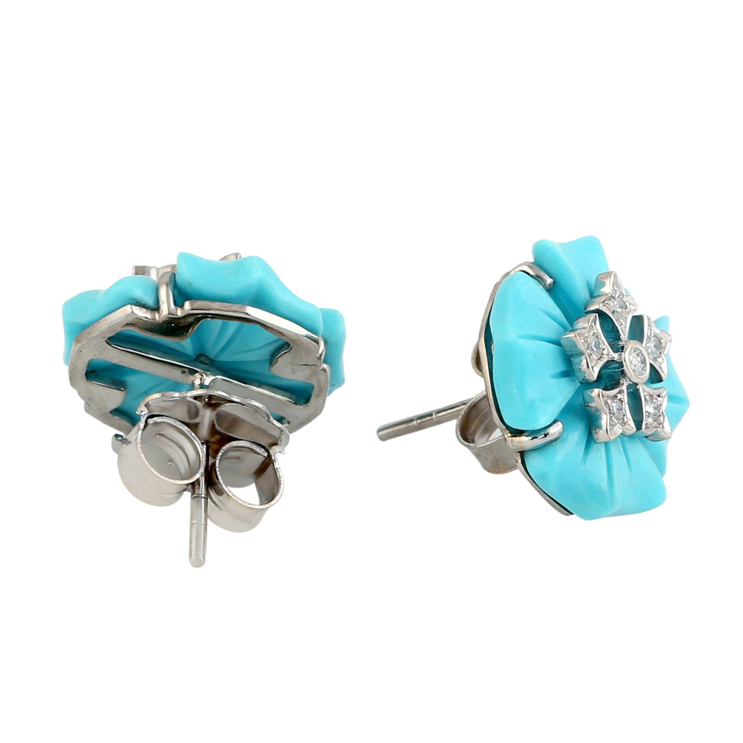 18K White Gold Flower Carving Turquoise Stud Earrings with Diamonds - Elegant Handmade Jewelry for Women, Perfect for Weddings, Parties & Special Occasions