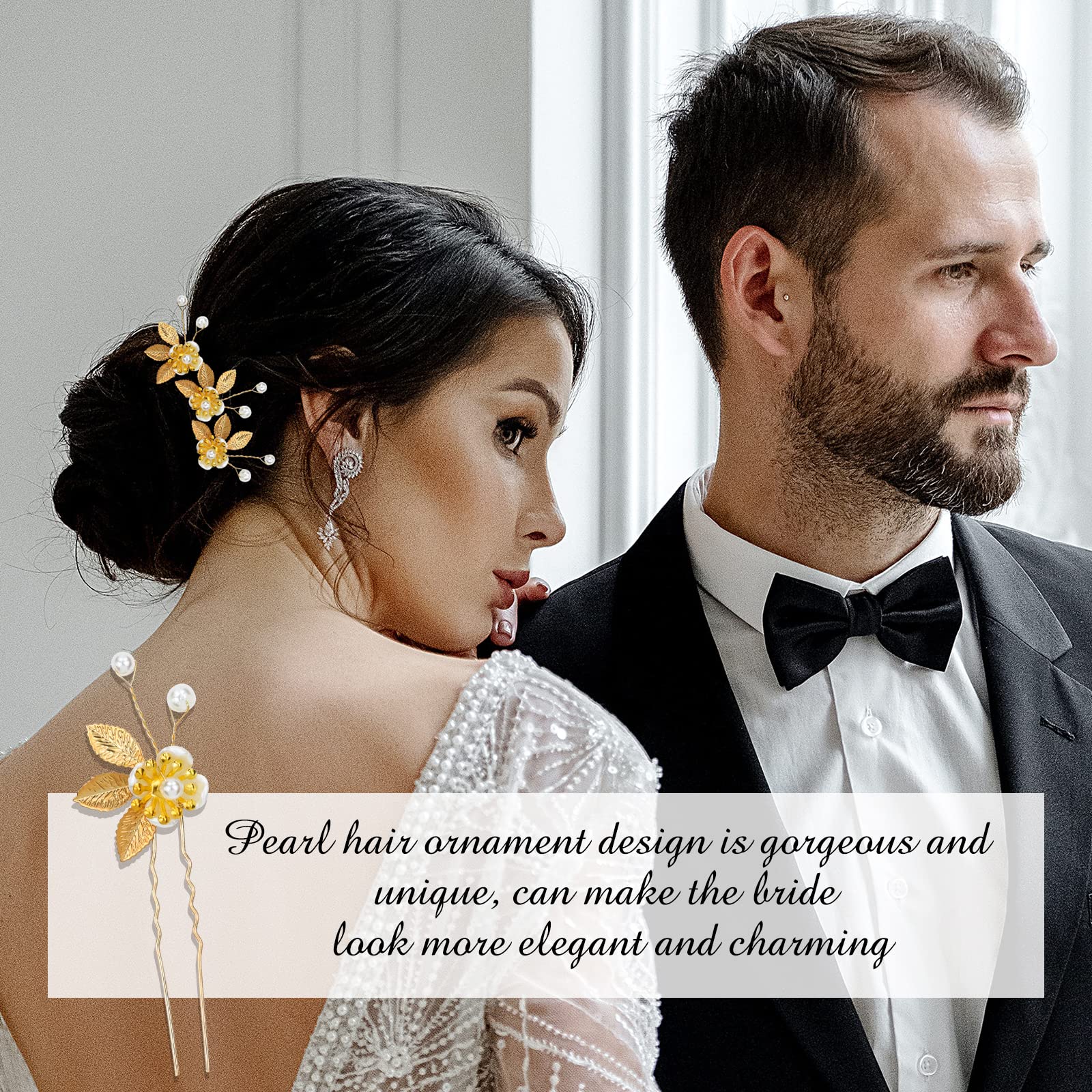12 Pack Gold Hair Pins with Leaf Flower & Pearls - Elegant Bridal Hair Clips for Weddings, Prom, Parties - Perfect for Brides, Bridesmaids & Flower Girls