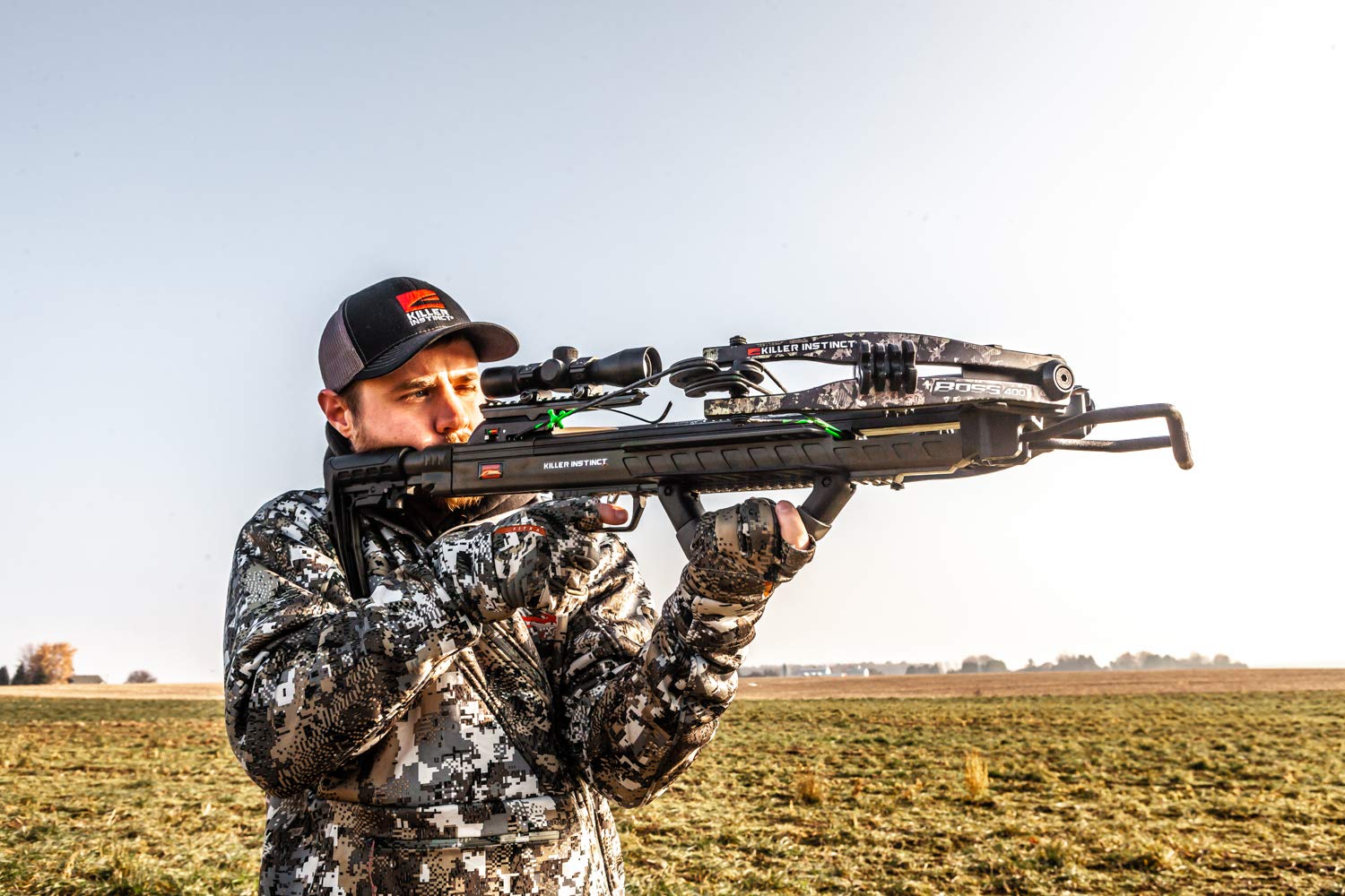 KILLER INSTINCT Boss 405 Crossbow Pro Package with 4x32 IR-W Scope, Rope Cocker, String Suppressors, 3-Bolt Quiver, 3 Hypr Lite Bolts & Field Tips - Hunting Gear for Deer, Target Practice & Outdoor Sports
