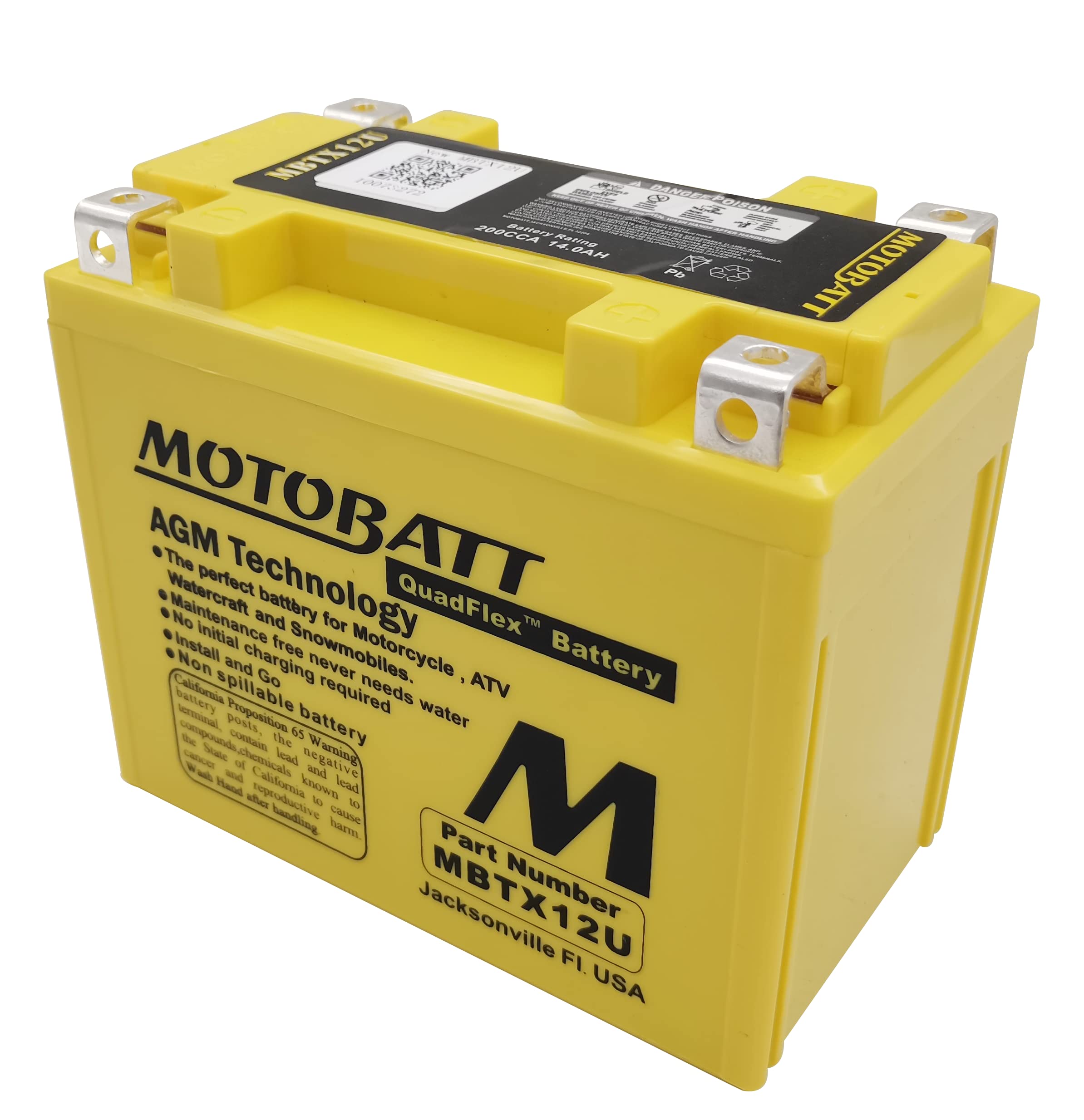 Motobatt MBTX12U QUADFLEX AGM Battery - Factory Activated 12V Motorcycle Battery with Free Voltmeter-Pocket Tester | Powersports & ATV Applications