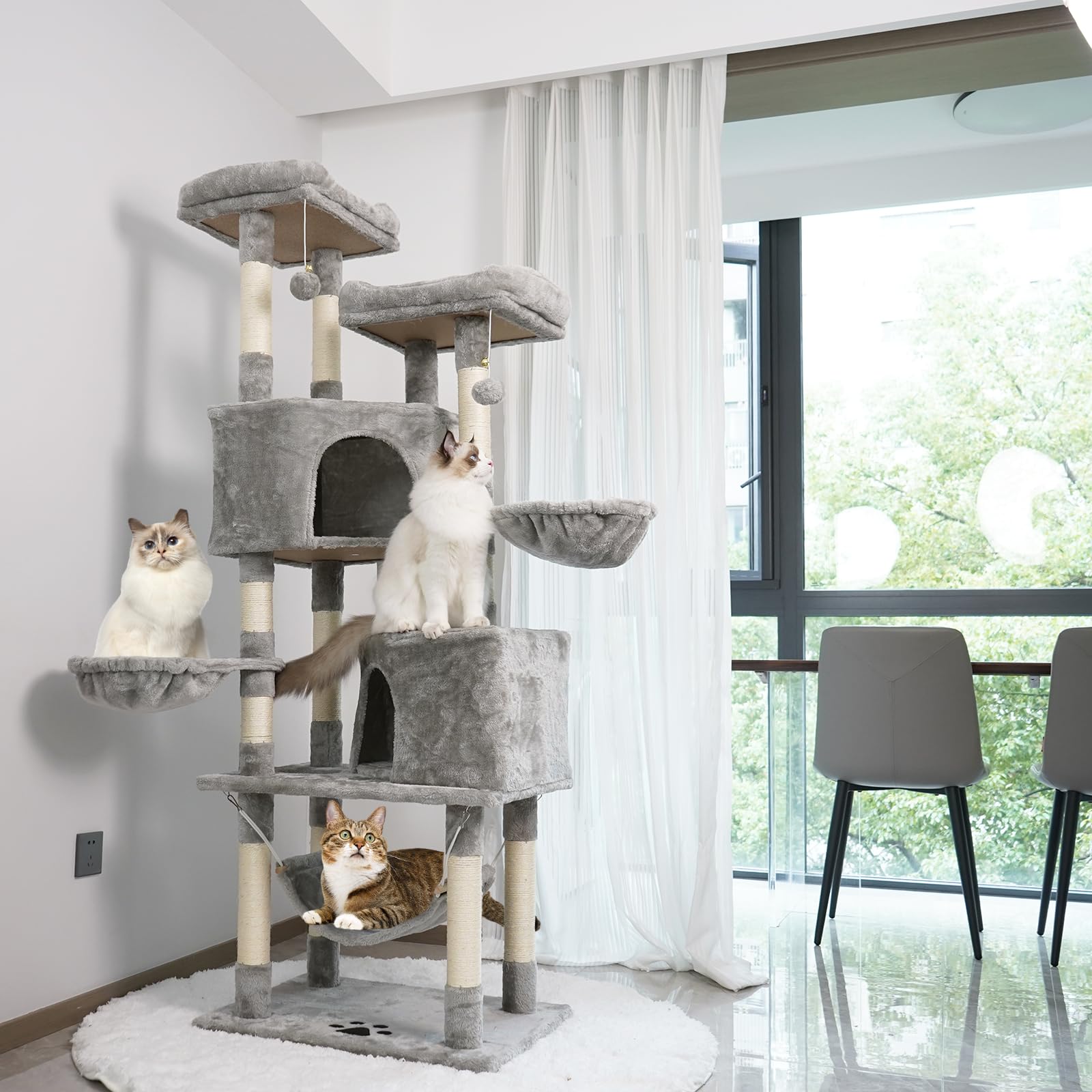 Premium 67in Multi-Level Cat Tree for Indoor Cats - Sturdy Large Cat Tower with 10 Sisal Scratching Posts, 3 Hammocks, 2 Condos & 2 Platforms | Perfect for Play, Rest & Climbing (Light Grey)