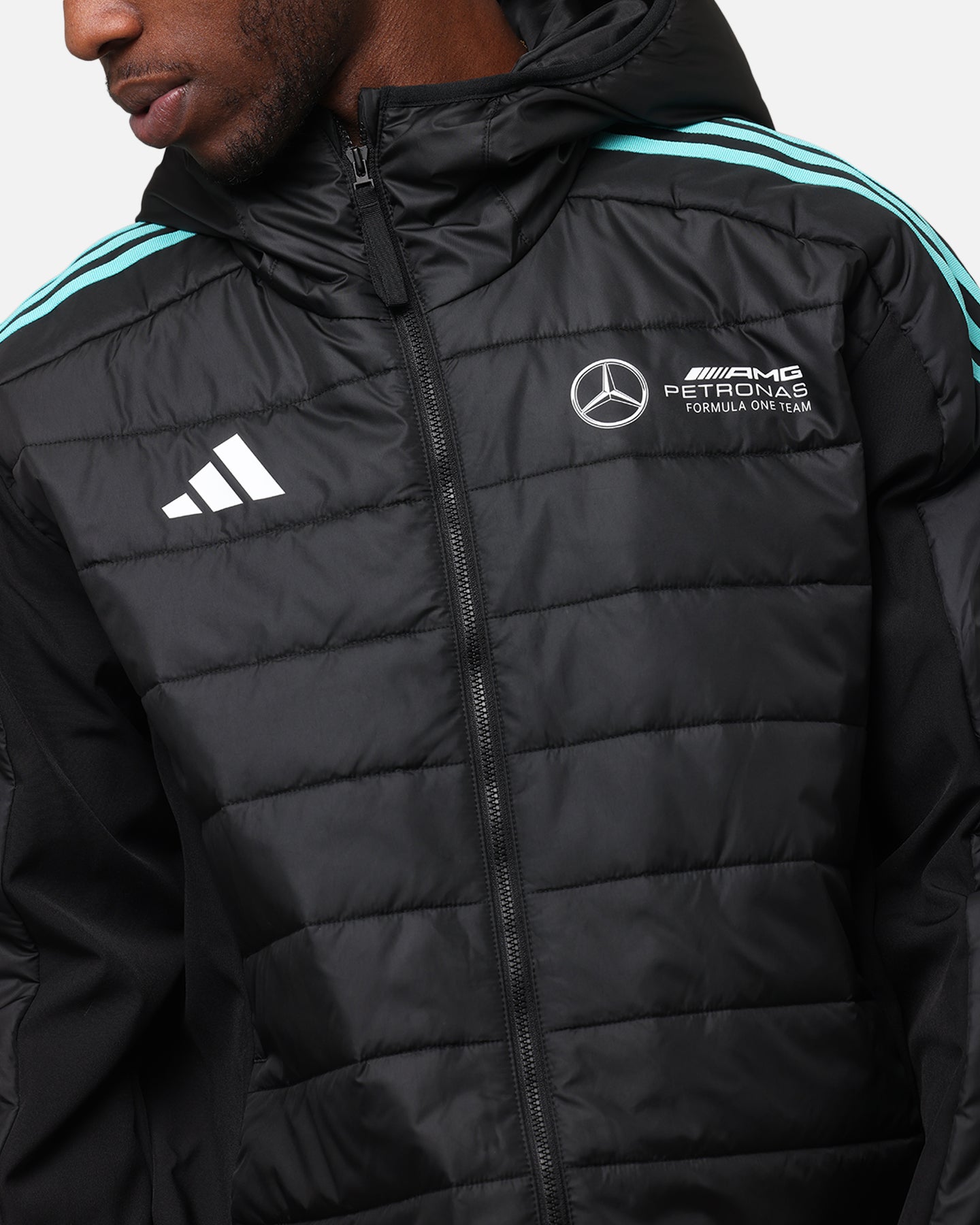 Adidas x Mercedes AMG PETRONAS F1 DNA Puffer Jacket for Men - Black & White Winter Coat for Racing Fans & Outdoor Activities