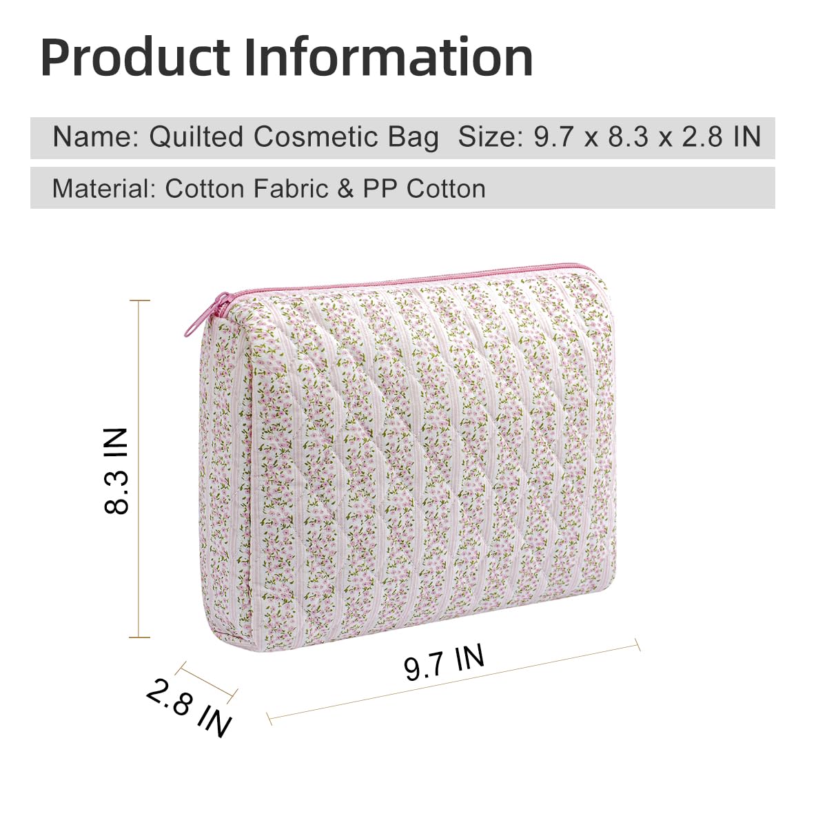 Gleyemor 2-Piece Set (Large + Small) Quilted Makeup Bag for Women - Floral Cosmetic Organizer, Travel Toiletry Bag, Cotton Tote Pouch (Pink Floral) | Perfect for Travel, Daily Makeup Storage & Gift Giving