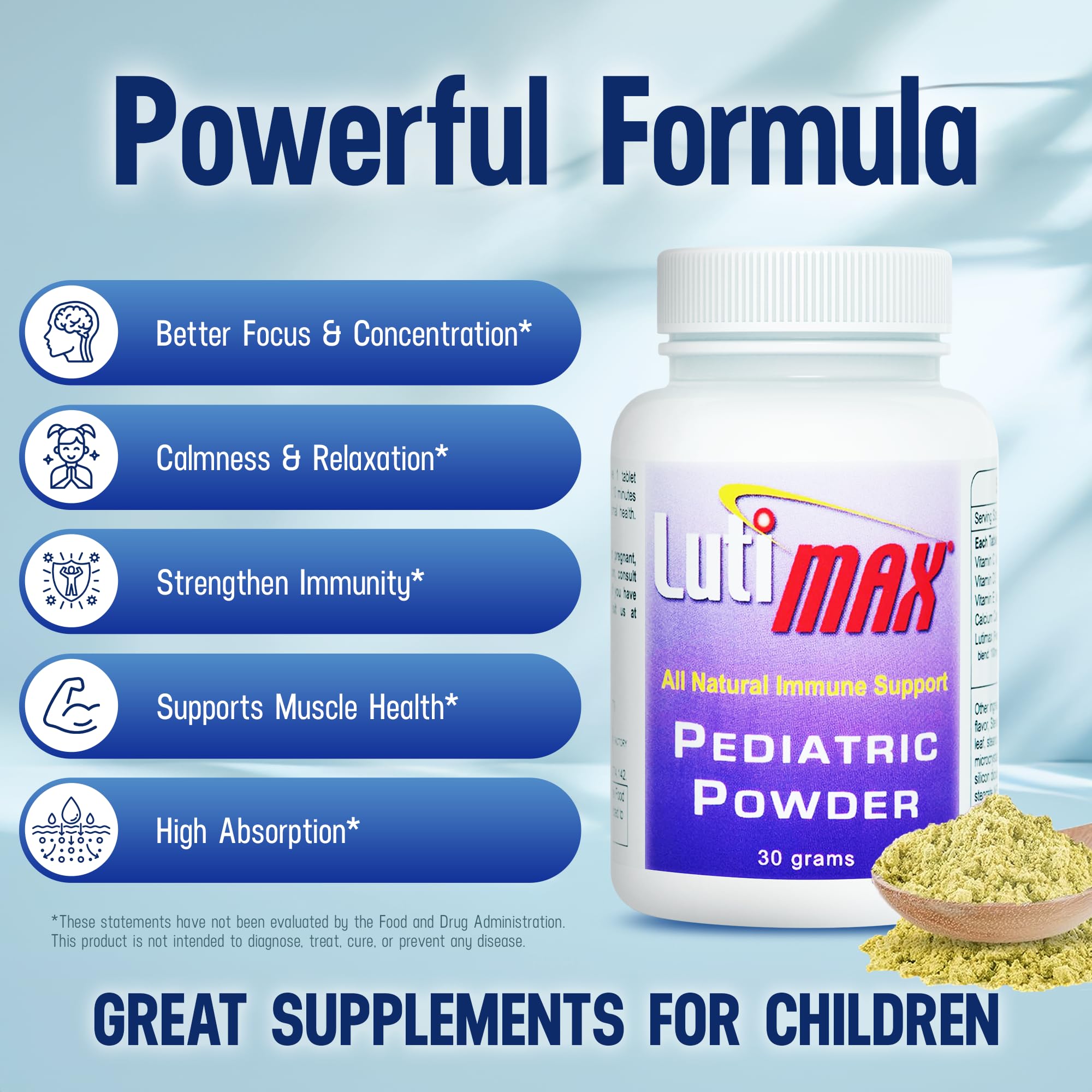 Lutimax Kids Brain Supplement Powder with Luteolin & Rutin - Supports Memory, Focus, Muscle & Immune Health - Nootropic Antioxidant Formula - 200 Servings - Ideal for School, Study & Daily Cognitive Performance
