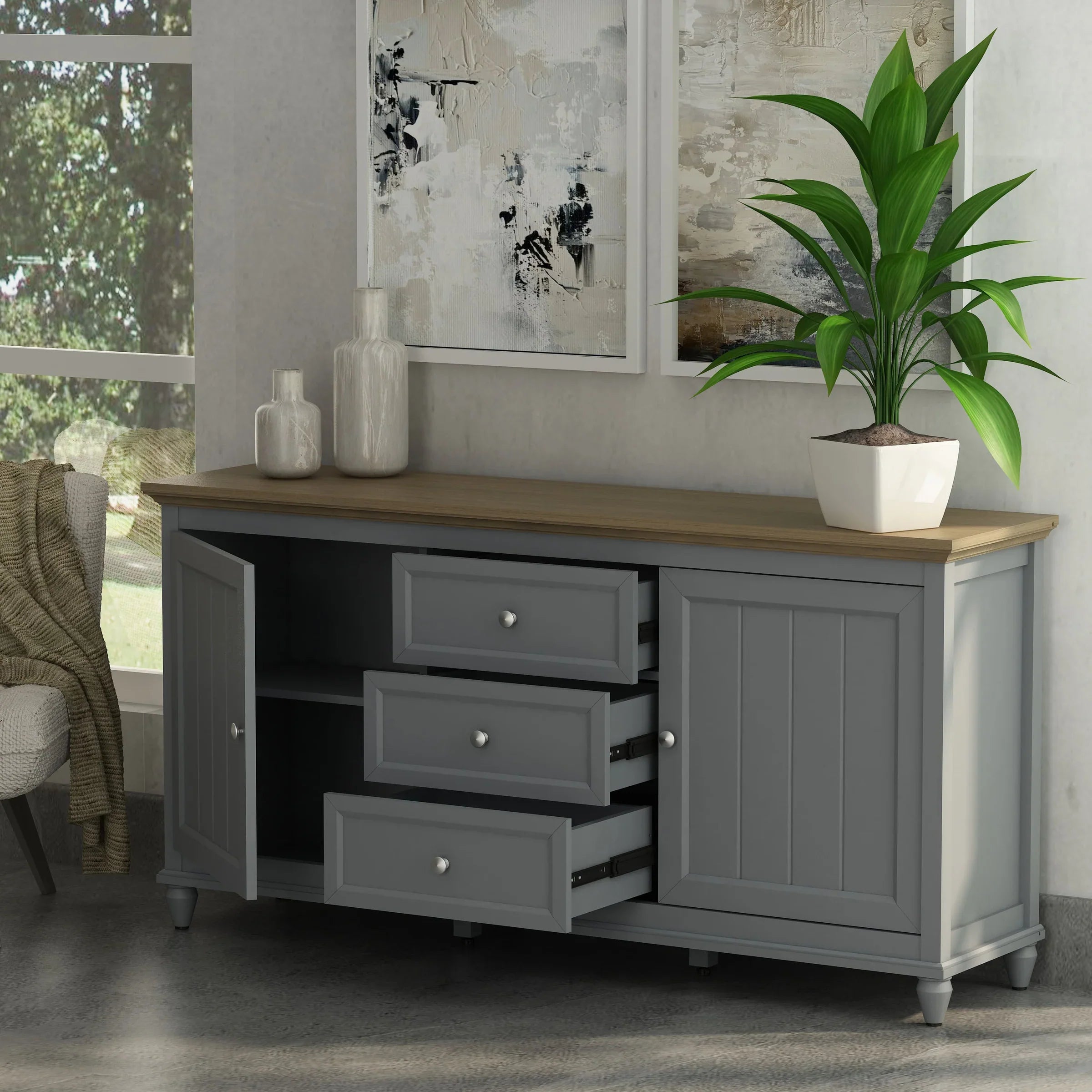 Anderson Teak Chenon Sideboard Grey/Brown - Solid Teak Wood Buffet Cabinet with 2 Drawers & 2 Doors - SB CG 6316 - Perfect for Dining Room Storage & Living Room Organization