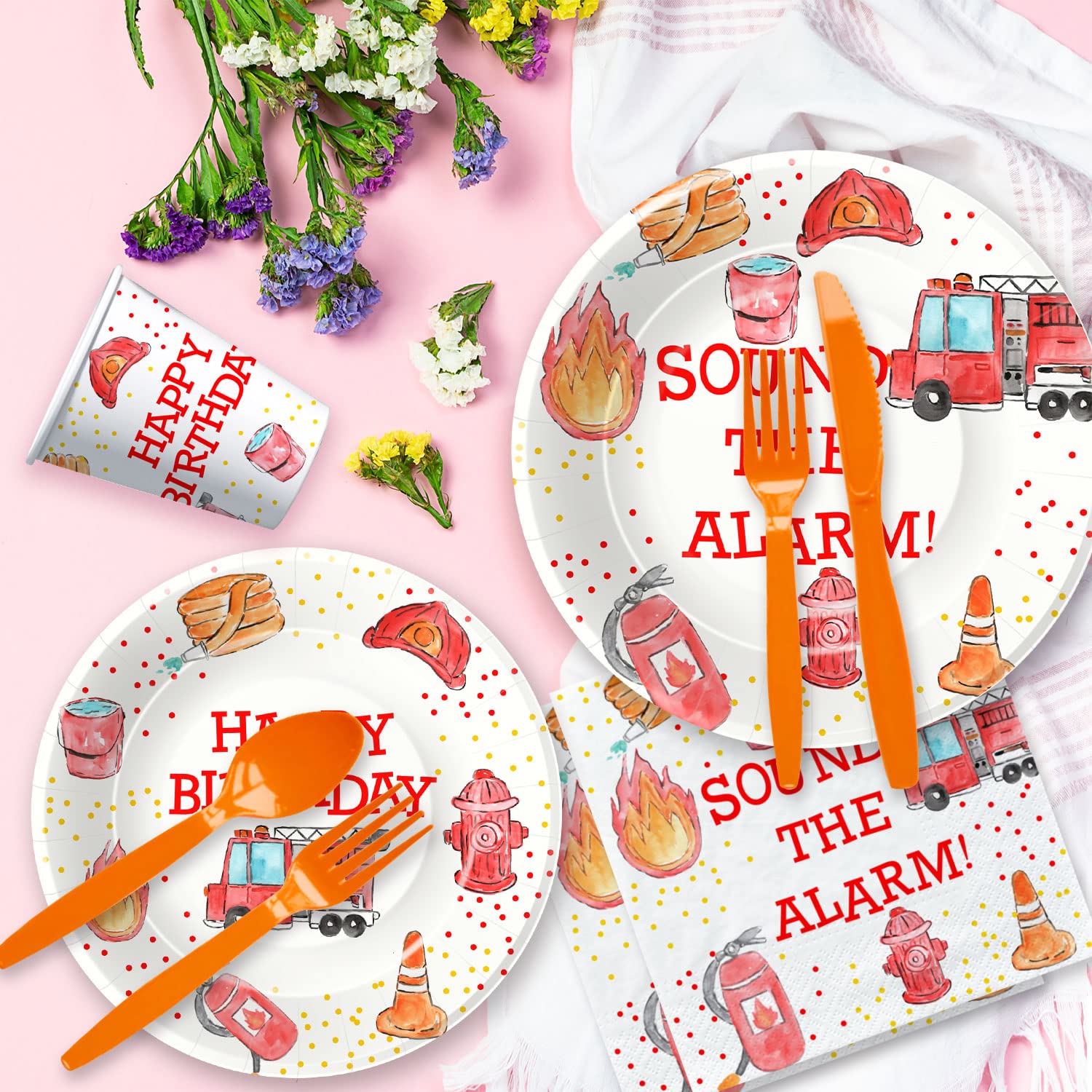 Fire Truck Birthday Party Supplies Set - 24-Piece Firefighter Themed Tableware Kit with Plates, Napkins, Tablecloth & Forks | Perfect for Fireman Birthday Party Decorations & Kids' Themed Celebrations