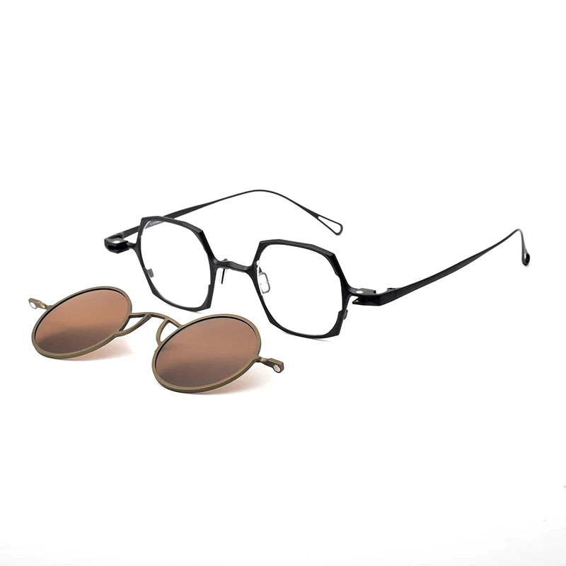 Stylish Aror Unisex Full Rim Polygon Titanium Eyeglasses with Clip-On Sunglasses - Lightweight & Durable Frame for Men & Women - Perfect for Outdoor Activities, Driving, and Fashion Accessories