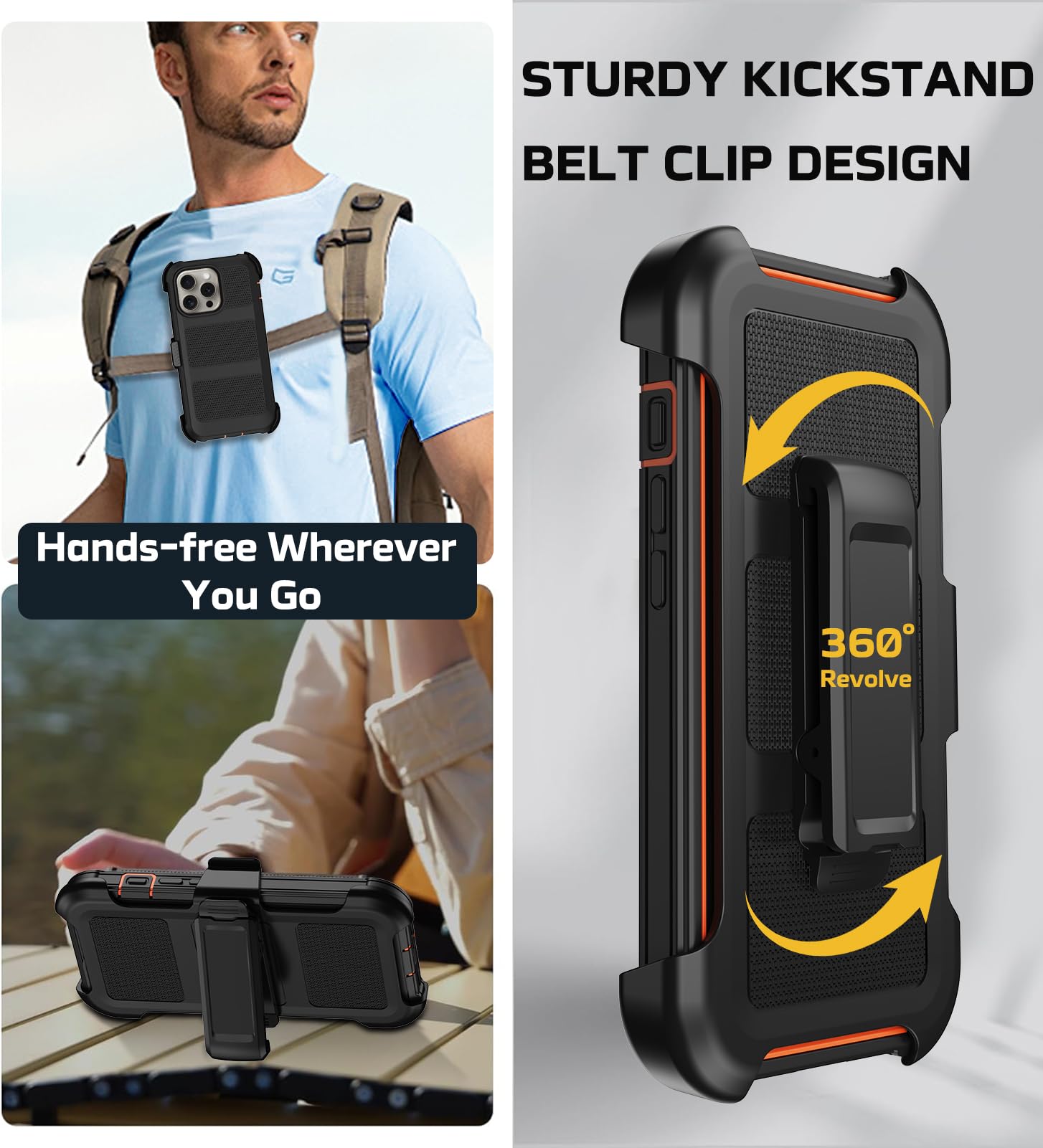 Rugged iPhone 15 Pro Max Case with Built-in Screen Protector - Military Grade Drop Protection, Shockproof Phone Cover with Kickstand & Belt Clip Holster for 6.7