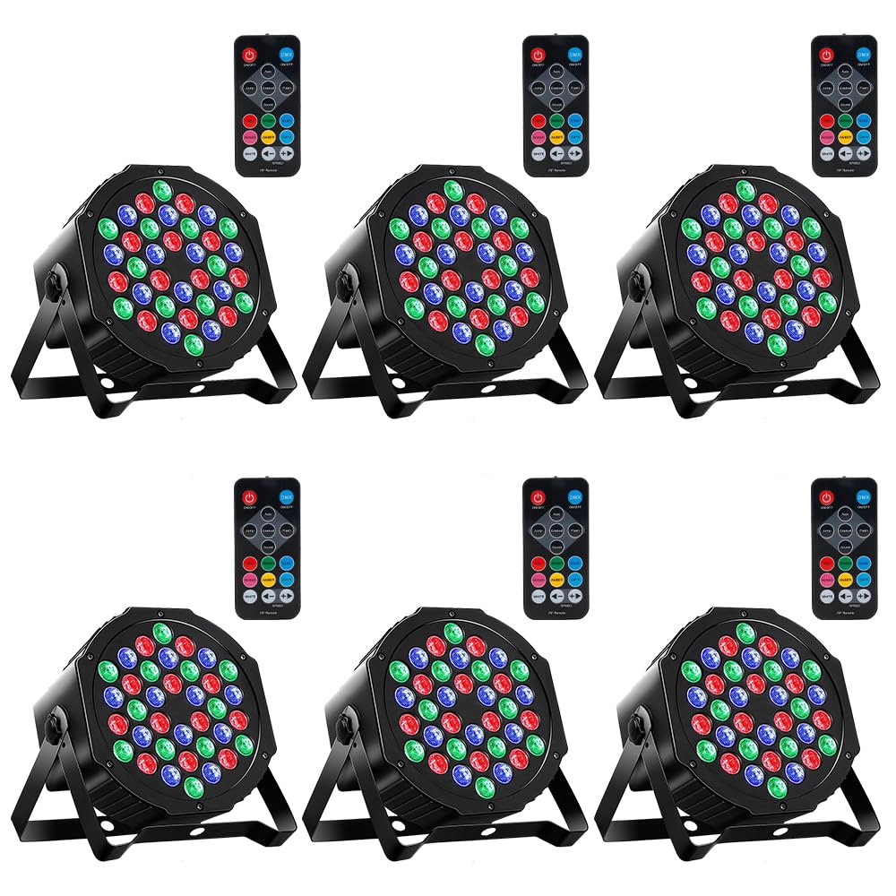 MOSFiATA 6 Pack 36 LED Par Lights - 7 Modes DJ Disco Party Lights with Remote Control, Sound Activation & DMX Control for Christmas Events, Club Parties, Stage Shows - Perfect for Nightclubs, Weddings, Concerts and Home Entertainment