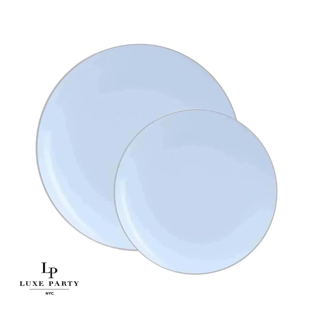Eco-Friendly Round Plastic Plates Set - Ice Blue & Silver Rim for Parties, Picnics, and Everyday Dining | BPA-Free & Durable Disposable Tableware