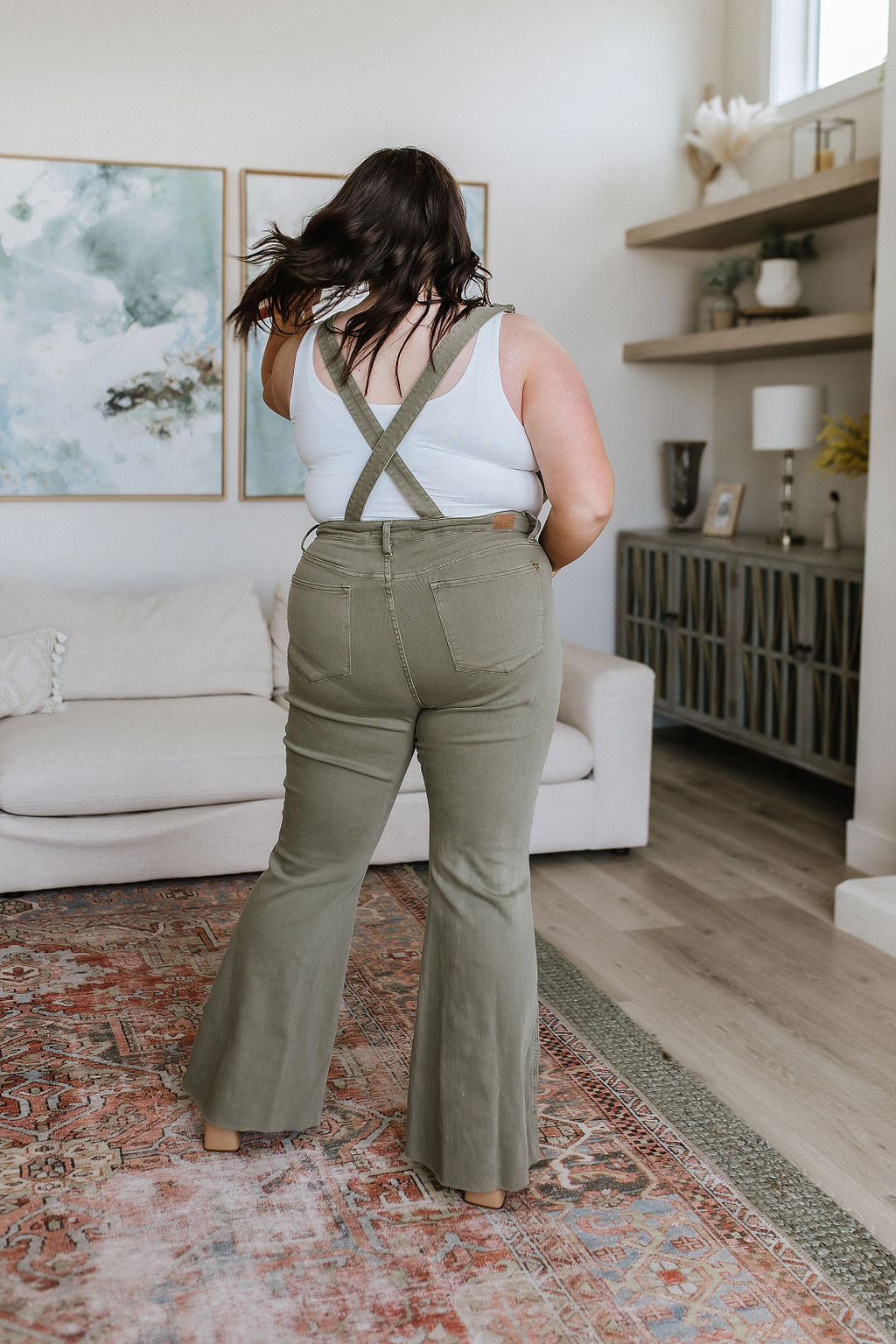 Olivia Control Top Release Hem Overalls for Women - Olive Green Stretch Denim Jumpsuit with Adjustable Straps | Perfect for Casual Wear, Outdoor Adventures & Work
