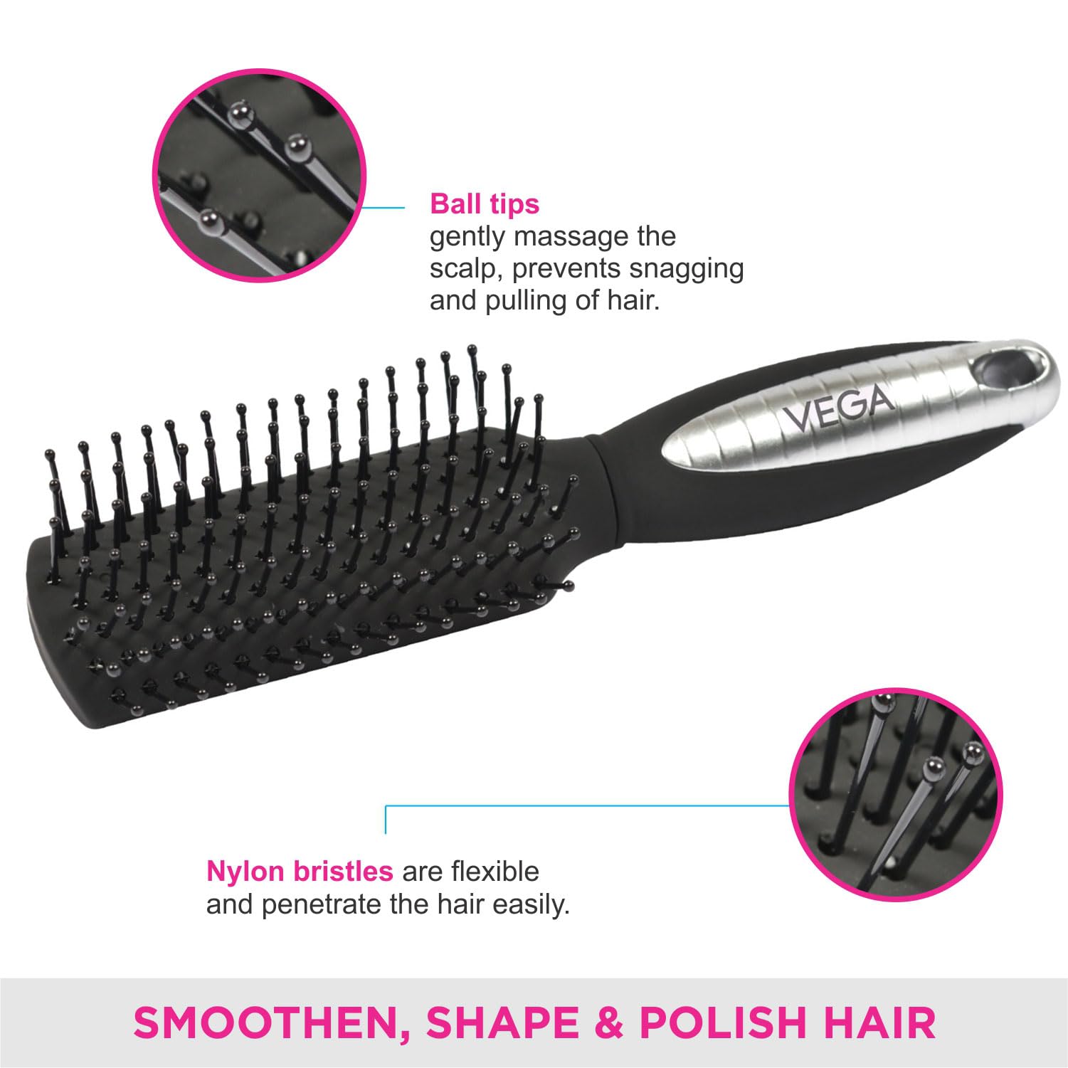 Vega Mini Flat Hair Brush for Men & Women - India's No. 1 Hair Brush Brand (R7-FB) - Perfect for Travel, Home & Salon Styling