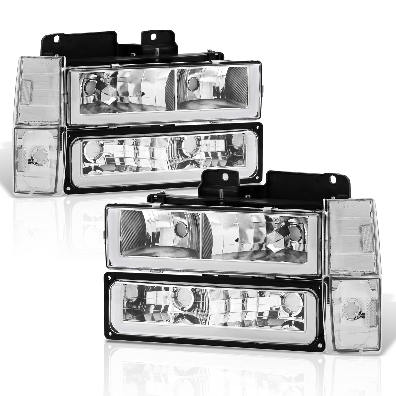 Chrome Clear LED DRL Headlights + Corner Bumper Signal Lamps Pair - Compatible with Chevy C10 C/K C1500 C2500 C3500 K1500 K2500 K3500 Blazer Silverado Suburban (1988-1993) | Upgrade for Enhanced Visibility & Style | Perfect for Night Driving & Off-Road Adventures