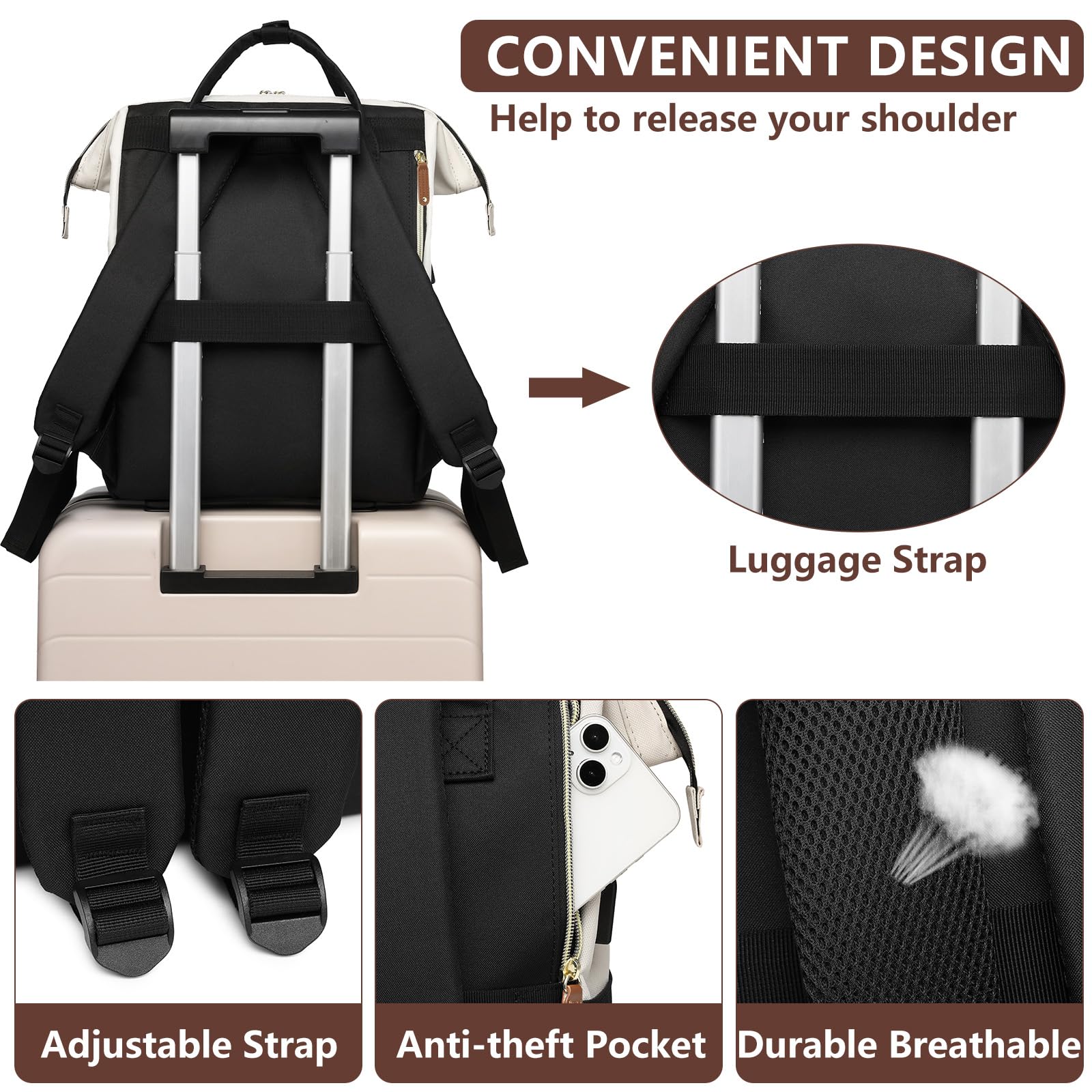 Stylish 17 Inch Women's Laptop Backpack - Waterproof Work Bag with USB Charger & Anti-Theft Design for Nurses, Teachers & College Students - Perfect for Travel, Business & Daily Commute (Beige/Black/Brown)