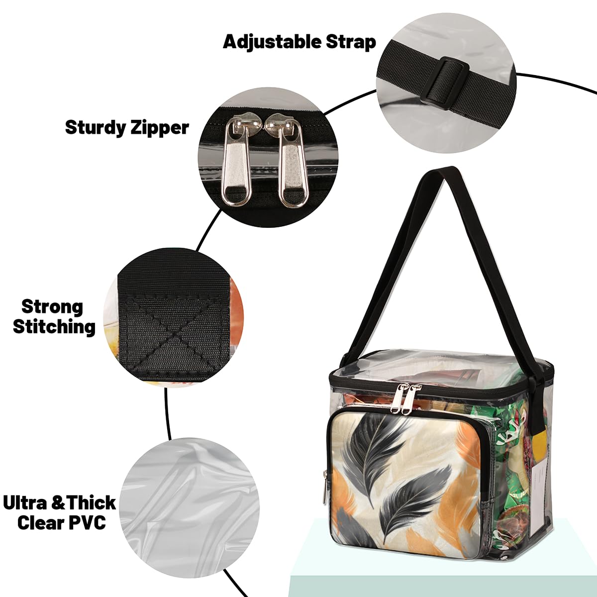 GzLeyigou Black & Yellow Feather Clear Tote Bag with Handles - Transparent Crossbody Shoulder Purse for Women, Lunch Bag - Perfect for Outdoor Travel, Picnic, Concerts & Sports Events (Stadium Approved)