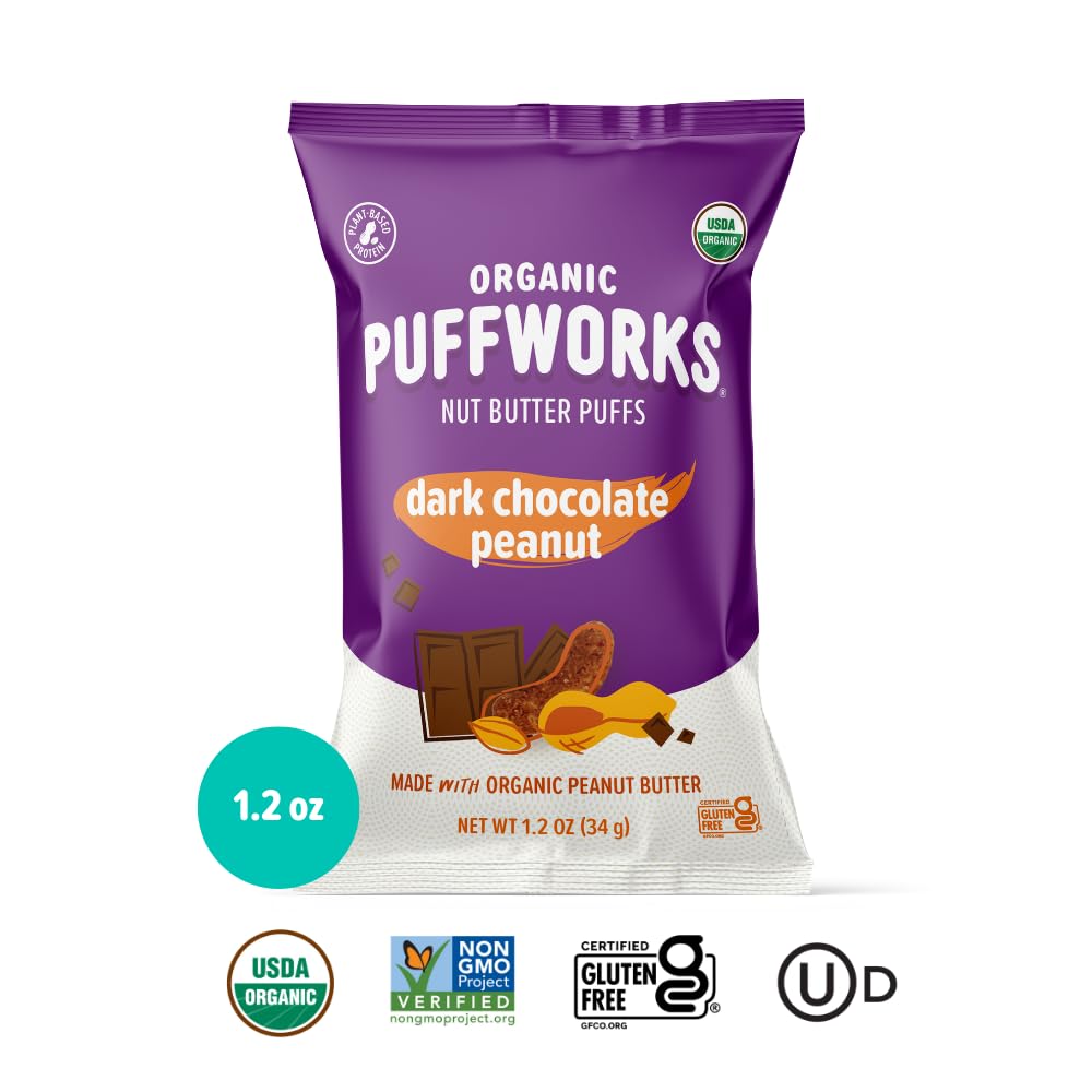 Organic Dark Chocolate Peanut Butter Puffs by Puffworks - 12 Pack (1.2 oz Each) | Vegan, Gluten-Free, Kosher Plant-Based Protein Snack for Kids & Adults | Perfect for Lunchboxes, Hiking & Healthy On-the-Go Snacking