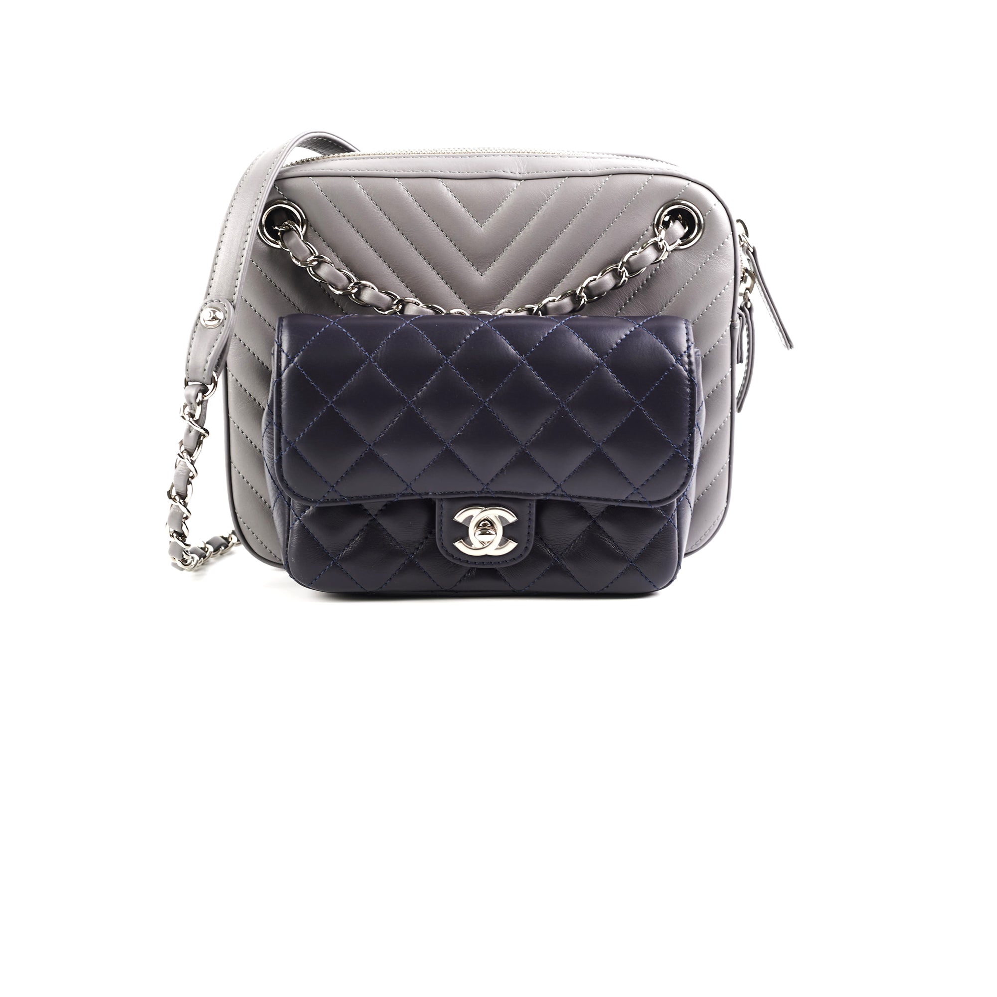Chanel Quilted Navy & Chevron Grey Lambskin Shoulder Bag - Luxury Designer Handbag for Women | Perfect for Work, Evening Events & Travel Accessories