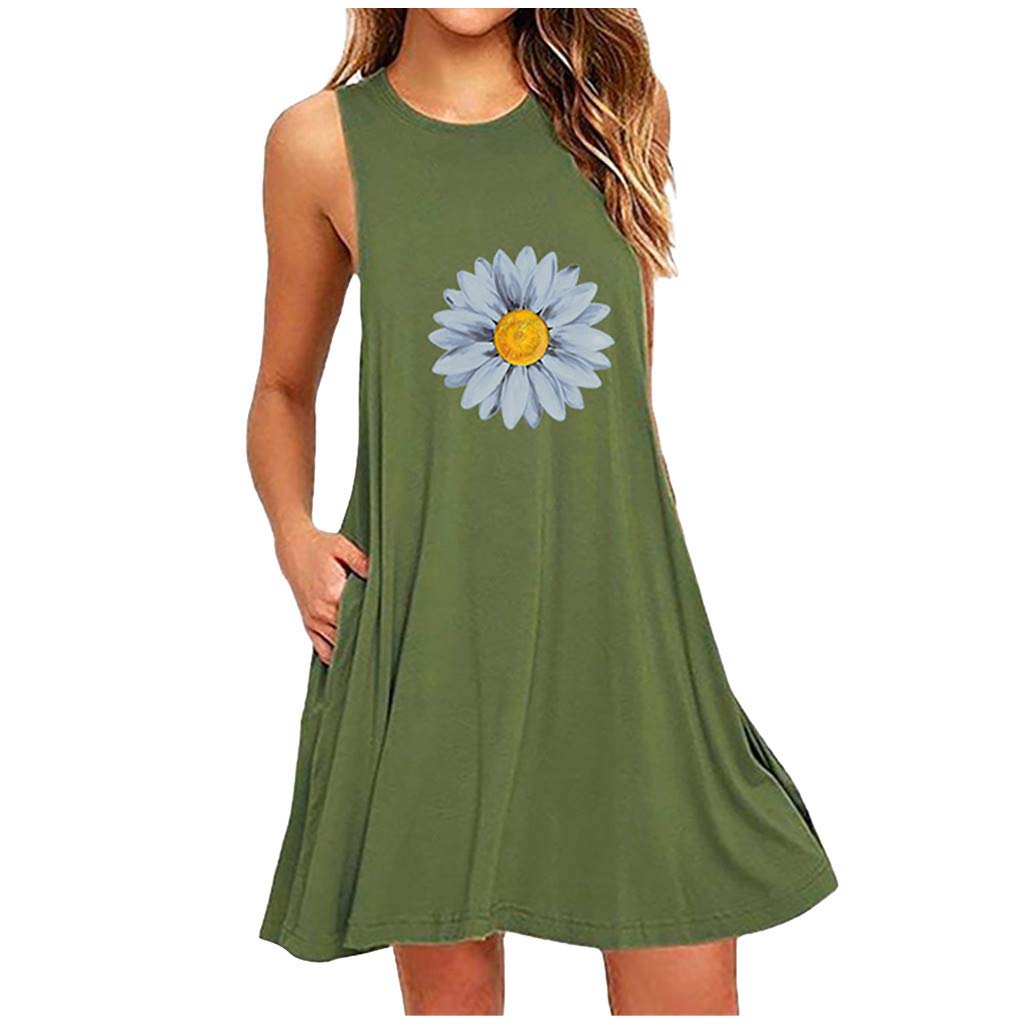 Women's Casual Sleeveless V-Neck A-Line Nightdress with Daisy Print & Pocket - Comfortable Summer Sleepwear for Home & Lounge Wear