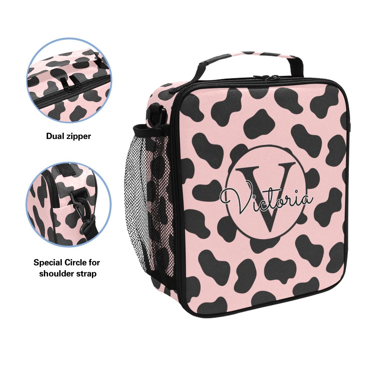 Custom Cow Print Pink & Black Insulated Lunch Bag - Reusable Double Layer Cooler with Adjustable Strap for Adults & Kids - Perfect for School, Work, Picnics & Outdoor Activities