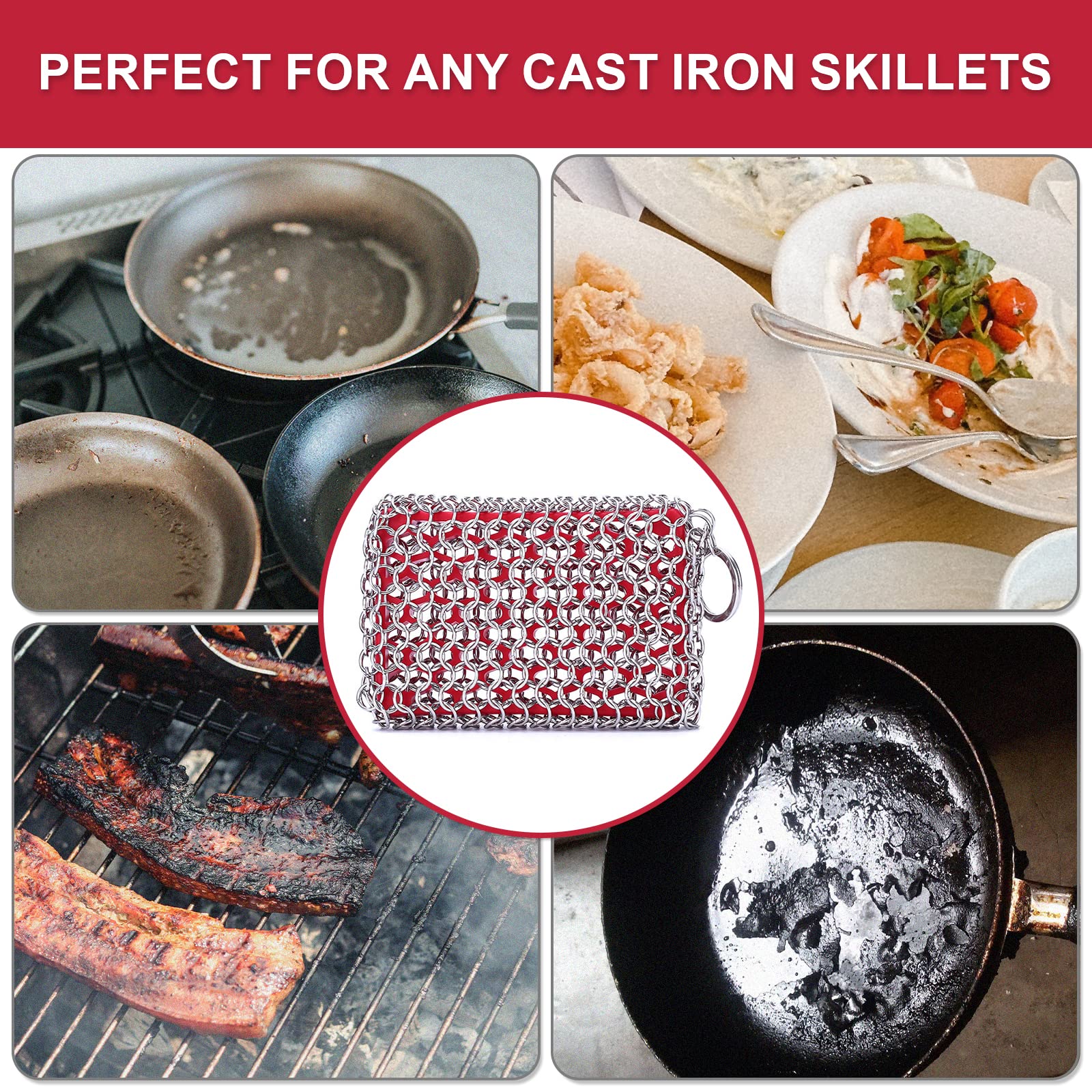 **316L Stainless Steel Chainmail Scrubber for Cast Iron Skillets & Dutch Ovens – Dishwasher Safe Cast Iron Cleaner with Silicone Insert – Perfect for Grill, Camping & Kitchen Cleaning Accessories**