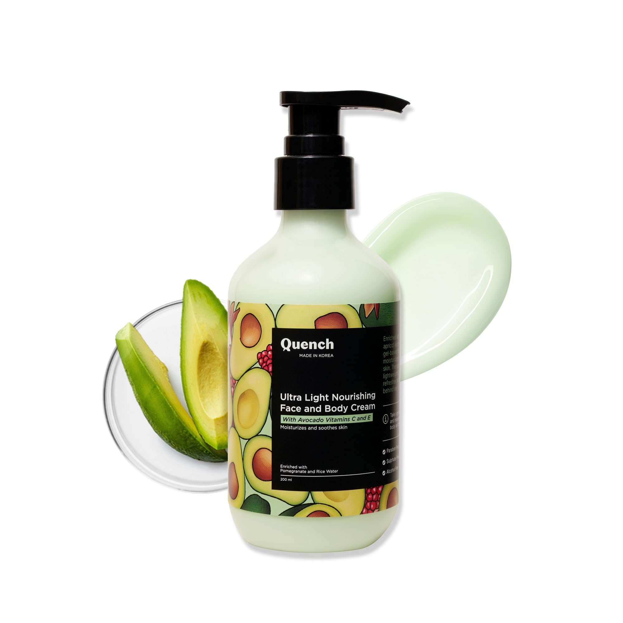 Quench Bravocado Ultra Light Nourishing Body Lotion - Korean Avocado & Vitamin E Moisturizing Cream for Dry, Sensitive & All Skin Types | Lightweight Hydration for Daily Use | Perfect for Home, Office & Travel (200ml)