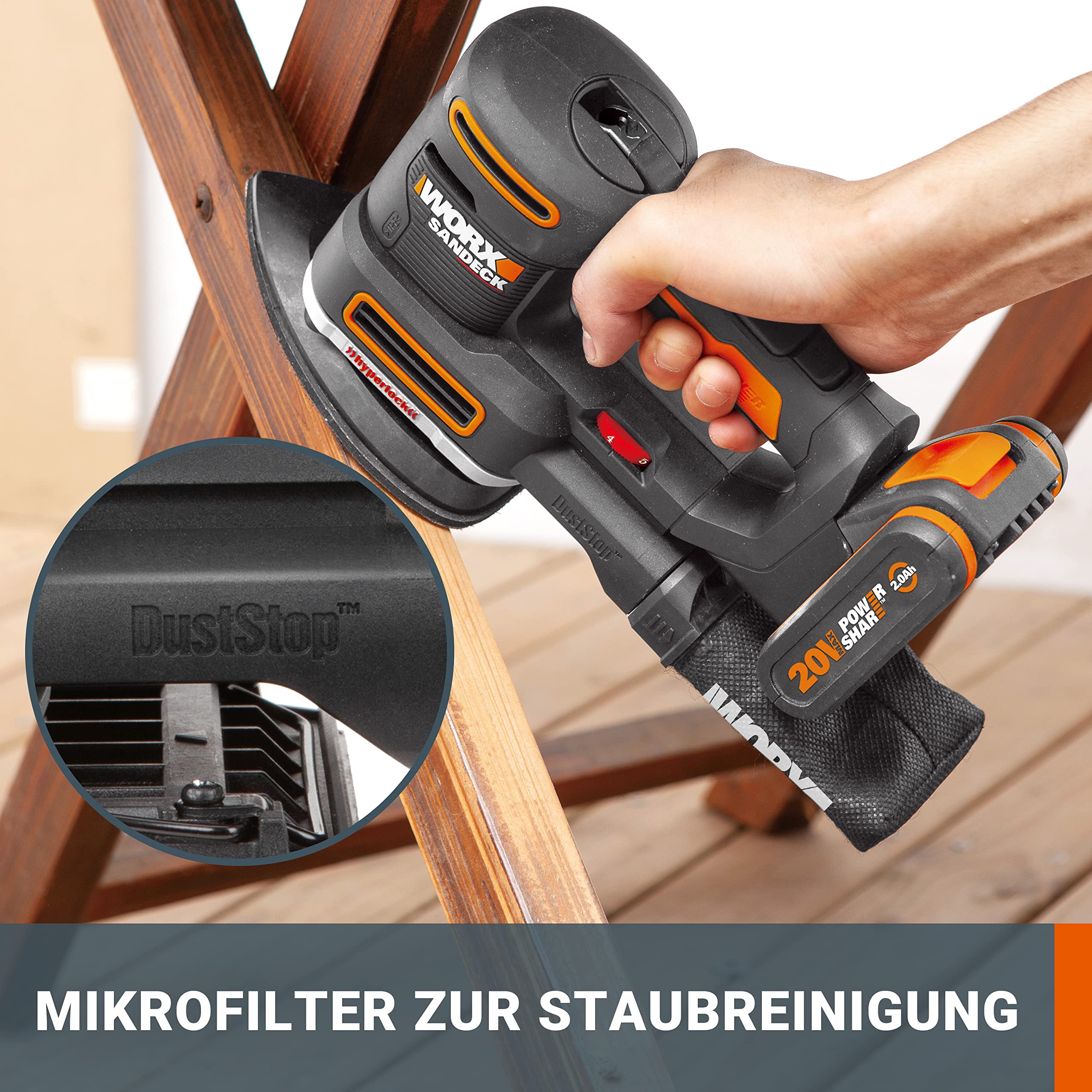 WORX WX820.9 Cordless Multi Sander - 5-in-1 Functions: Orbital, Fine, Detail, Contour & Finger Sanding - Variable Speed - PowerShare Compatible - Battery & Charger Not Included, Black - Perfect for Woodworking, DIY Projects & Home Renovation