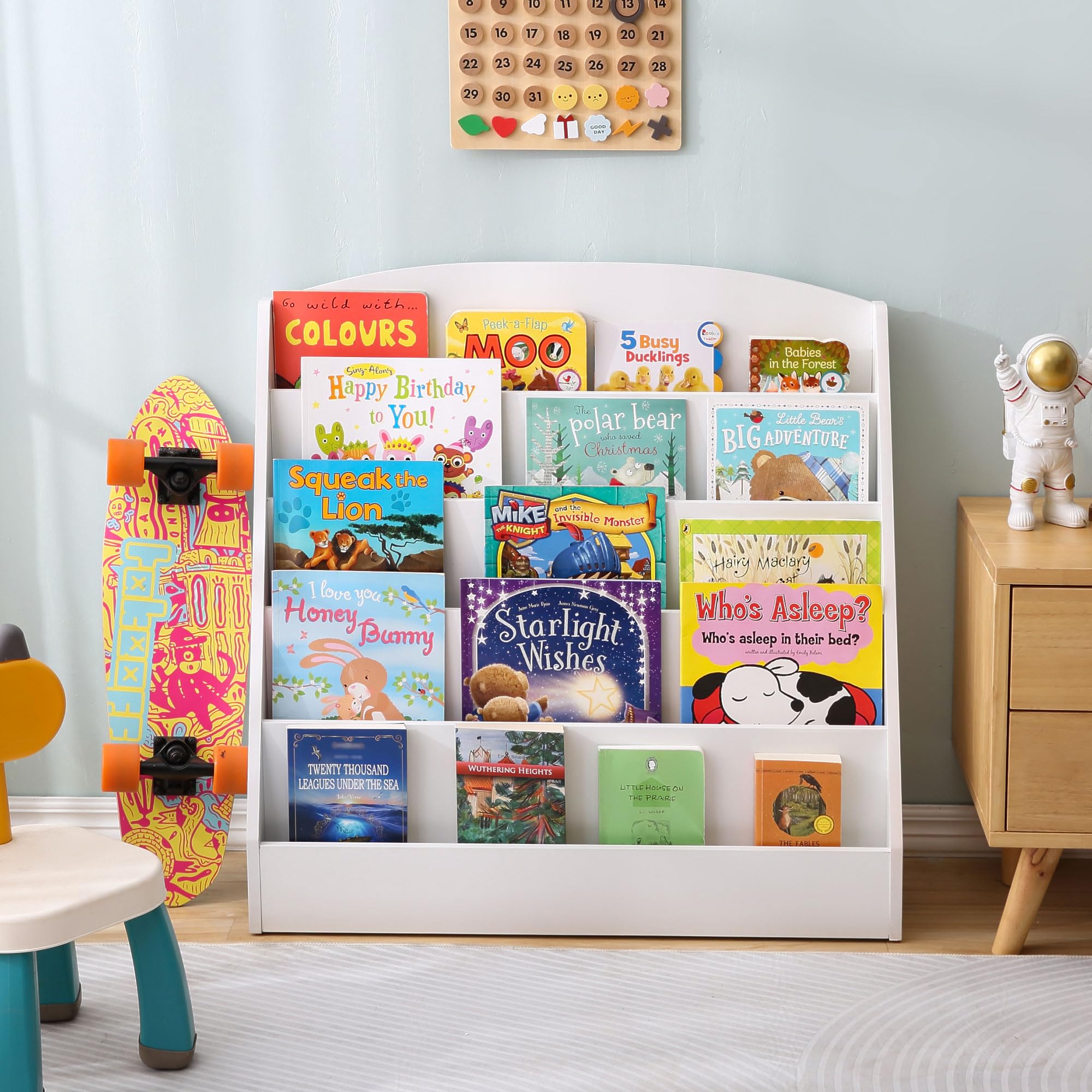 TOETOL 5-Tier Wooden Kids Bookshelf - Sturdy Toddler Book Display Organizer for Classroom, Playroom & Nursery - White Children's Book Storage Rack - Perfect for Daycare, Homeschool & Bedroom Reading Corner