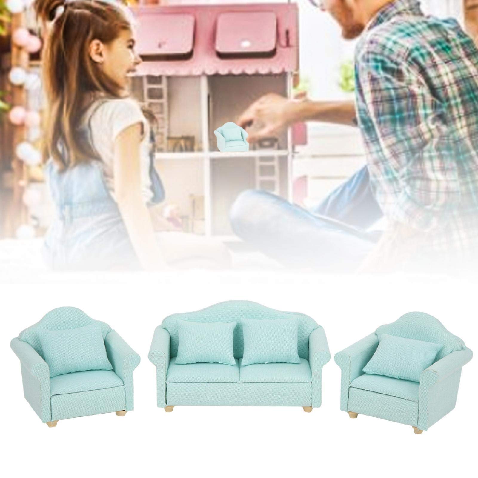 1:12 Scale Miniature Dollhouse Furniture Set - 3Pcs Green Fabric Sofa with Pillows for Dollhouse Accessories | Perfect for DIY Dollhouse Decor, Collectors Display and Miniature Scenes