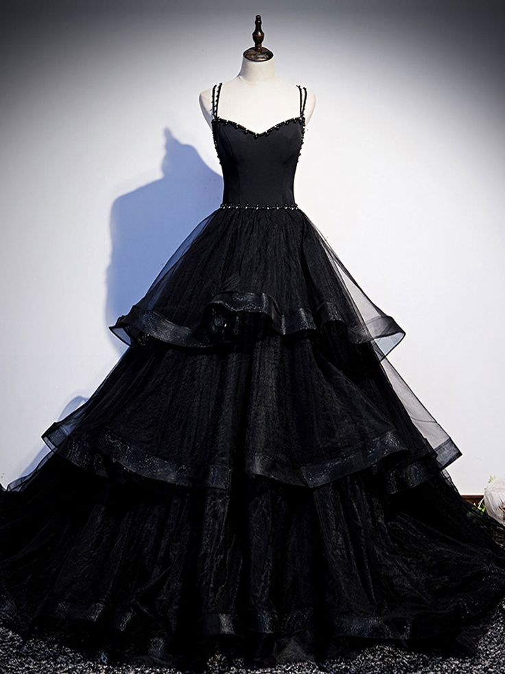 Elegant Black Beaded Tulle Long Prom Dress with Tiered Skirt - Perfect for Graduation, Homecoming & Formal Events | Style 2246